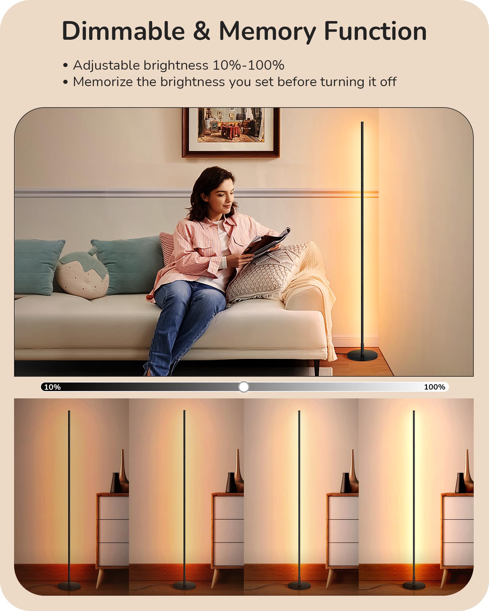 EDISHINE LED Corner Floor Lamp, 57.5" Adjustable Height, Dimmable, Black, Aluminum, Model HFLCB1B, 3000K Warm White Light