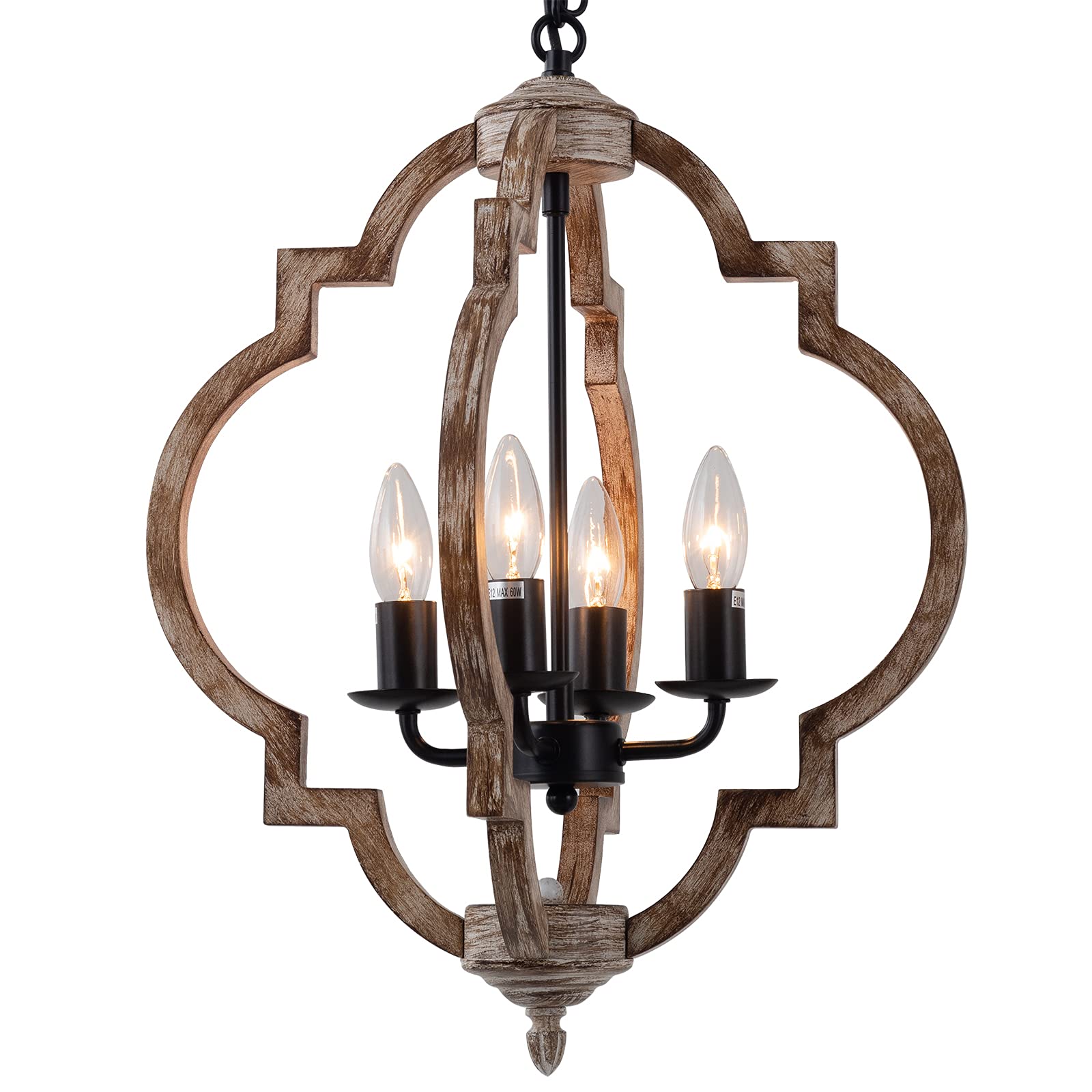 16.14 4-Light Farmhouse Wood Chandelier, Rustic Orb Pendant Lighting Fixture with Adjustable Chain, Vintage Ceiling Hanging Ligh