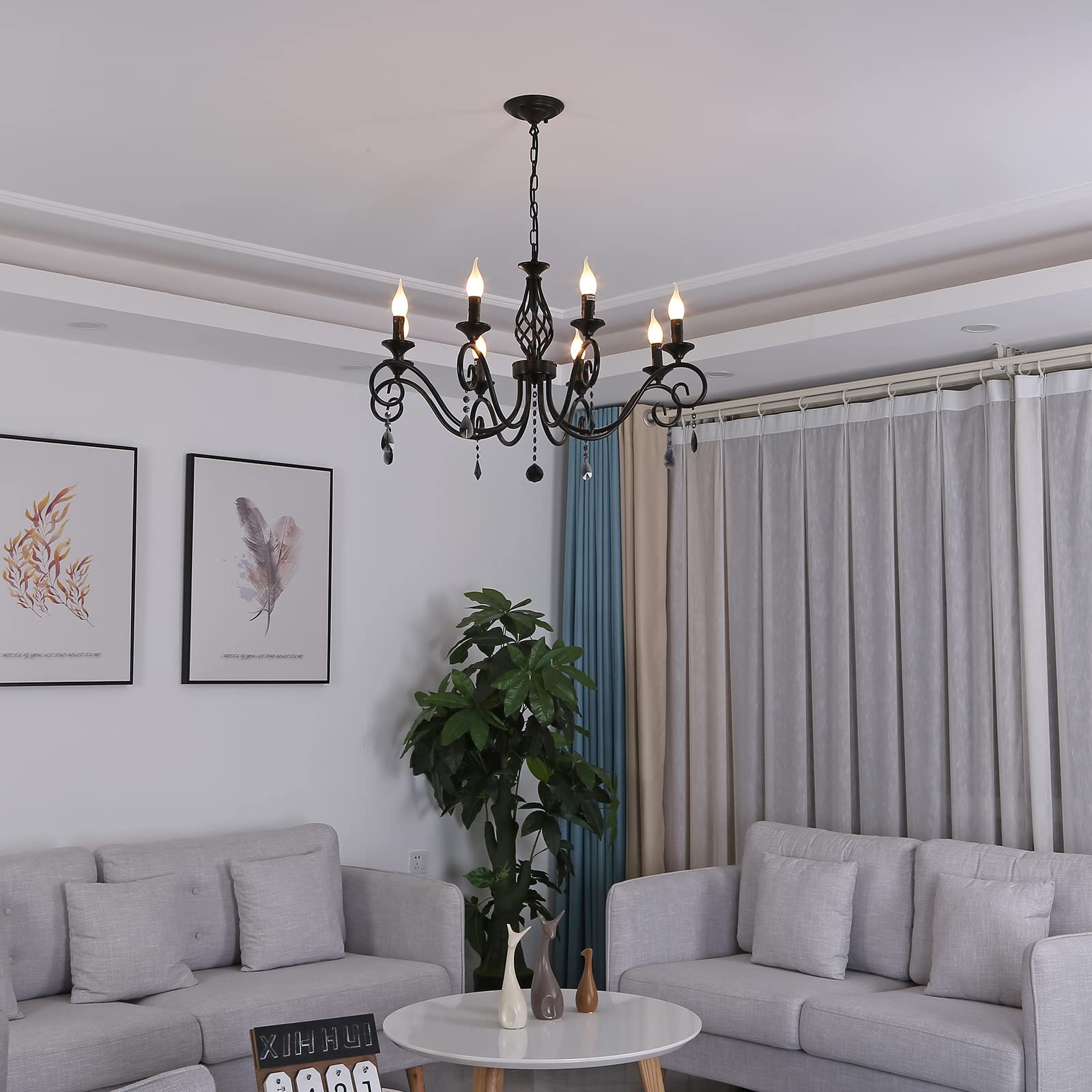 Ganeed 8-Light Crystal Candle Chandelier - Black Vintage Pendant Light Fixture for Living Room & Kitchen, Model CHD-058-8B