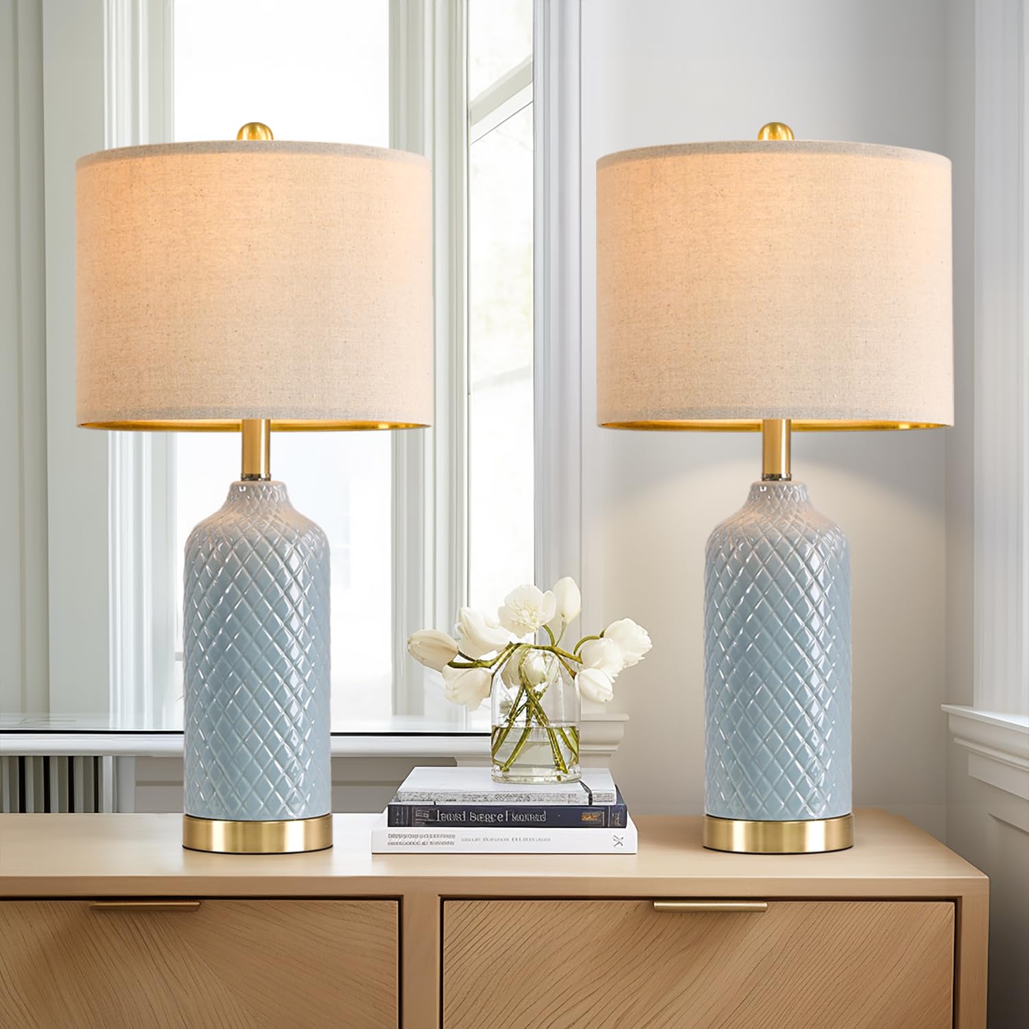 G-Safava Modern Blue Ceramic Table Lamps Set Of 2 For Living Room & Bedside Lighting