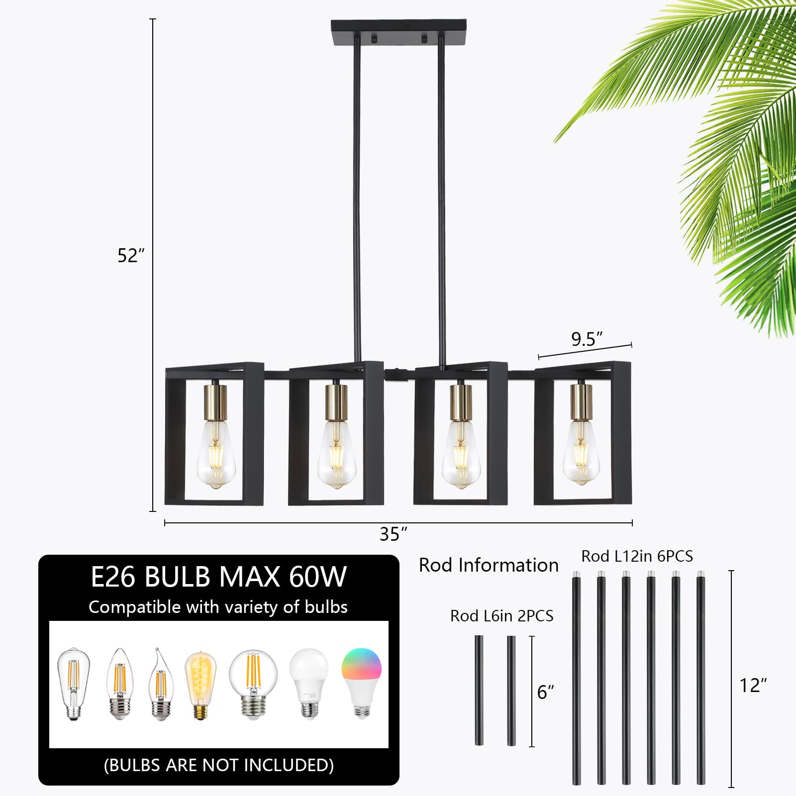 9Mmml 4 Lights Wood Chandelier,Industrial Rectangle Linear Dining Room Pendant Light, Black Wood Frame+Gold E26 Socket,Kitchen I
