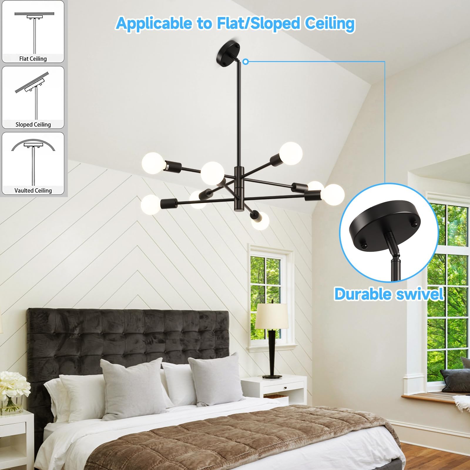 HHR Modern Sputnik Chandelier, 8-Light Black Ceiling Light, 26" Adjustable Fixture for Kitchen, Dining, Living Room, Model 9916-8