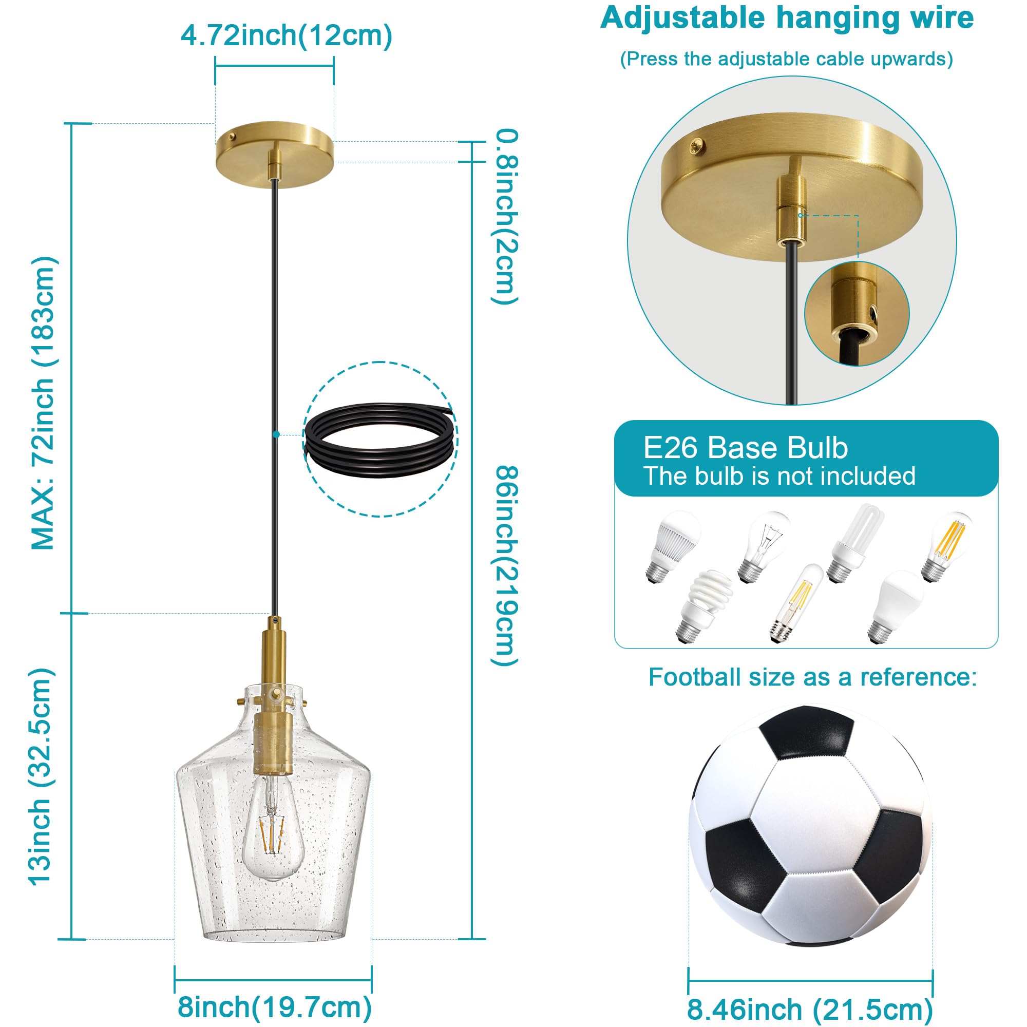 Vaziden Modern Seeded Glass Pendant Lighting For Kitchen Island 1 Pack  Farmhouse Gold Pendant Light Fixtures  Height Adjustable Ceiling Pendant Light  Angled Seeded Glass Shades 8 Inch