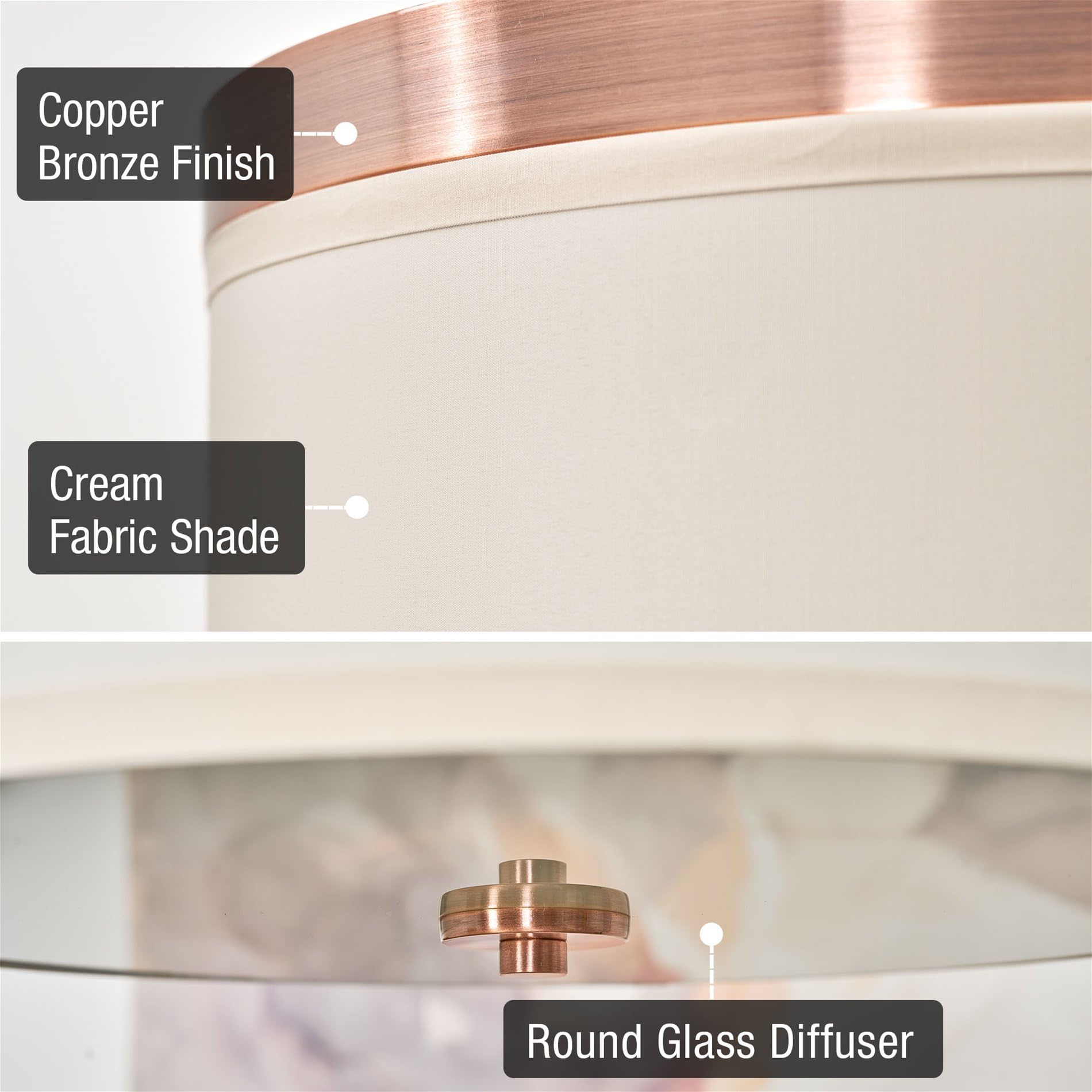 Kira Home Walker 15'' Mid-Century Modern 3-Light Flush Mount Ceiling Light, Cream Fabric Shade + Round Glass Diffuser, Copper Br