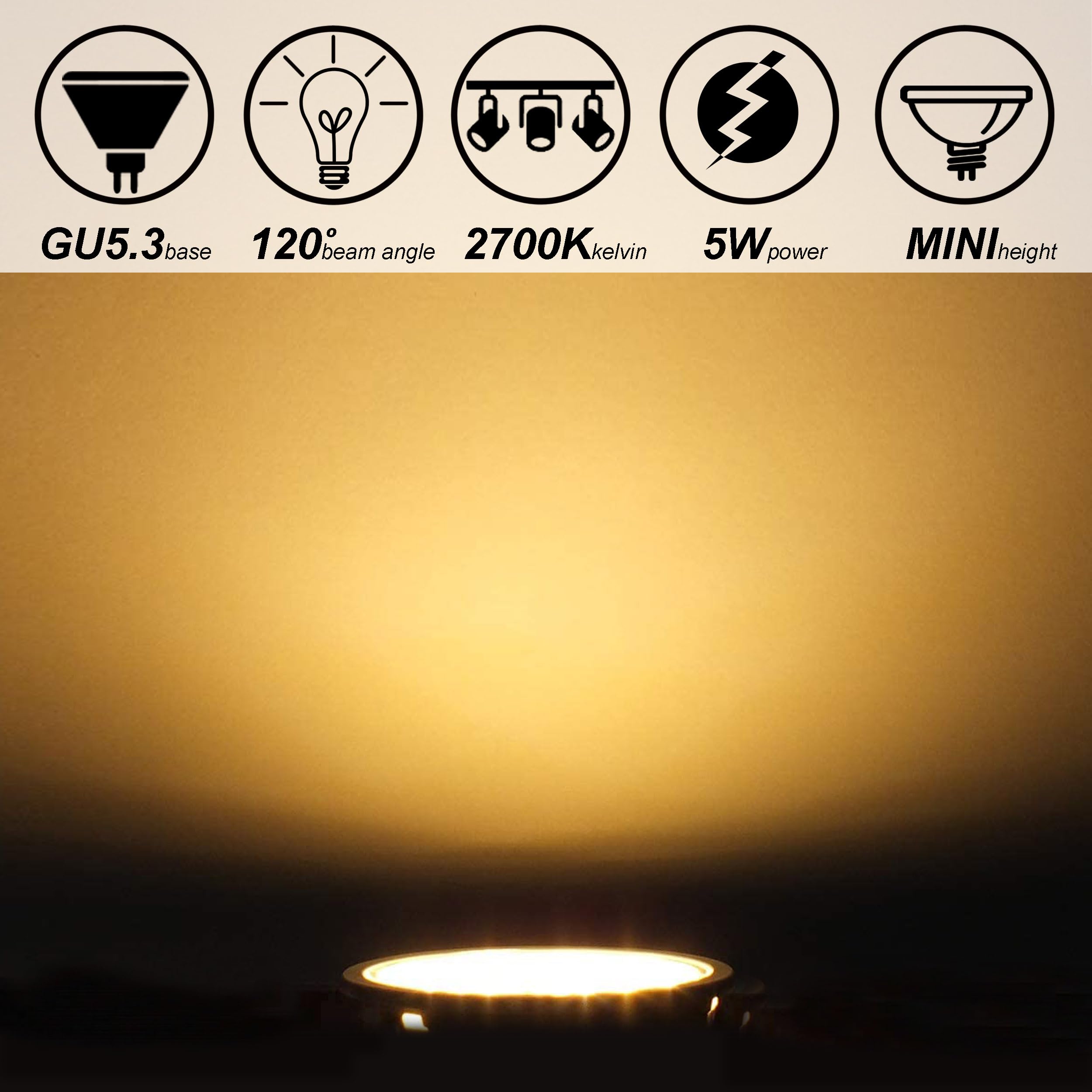 Alide 10 Pack Mr16 Landscape Led Bulbs 50W Halogen Equivalent,2700K Warm White,5W Gu5.3 Mr16 Flood 12V Spotlight Bulb,Non-Dimmab