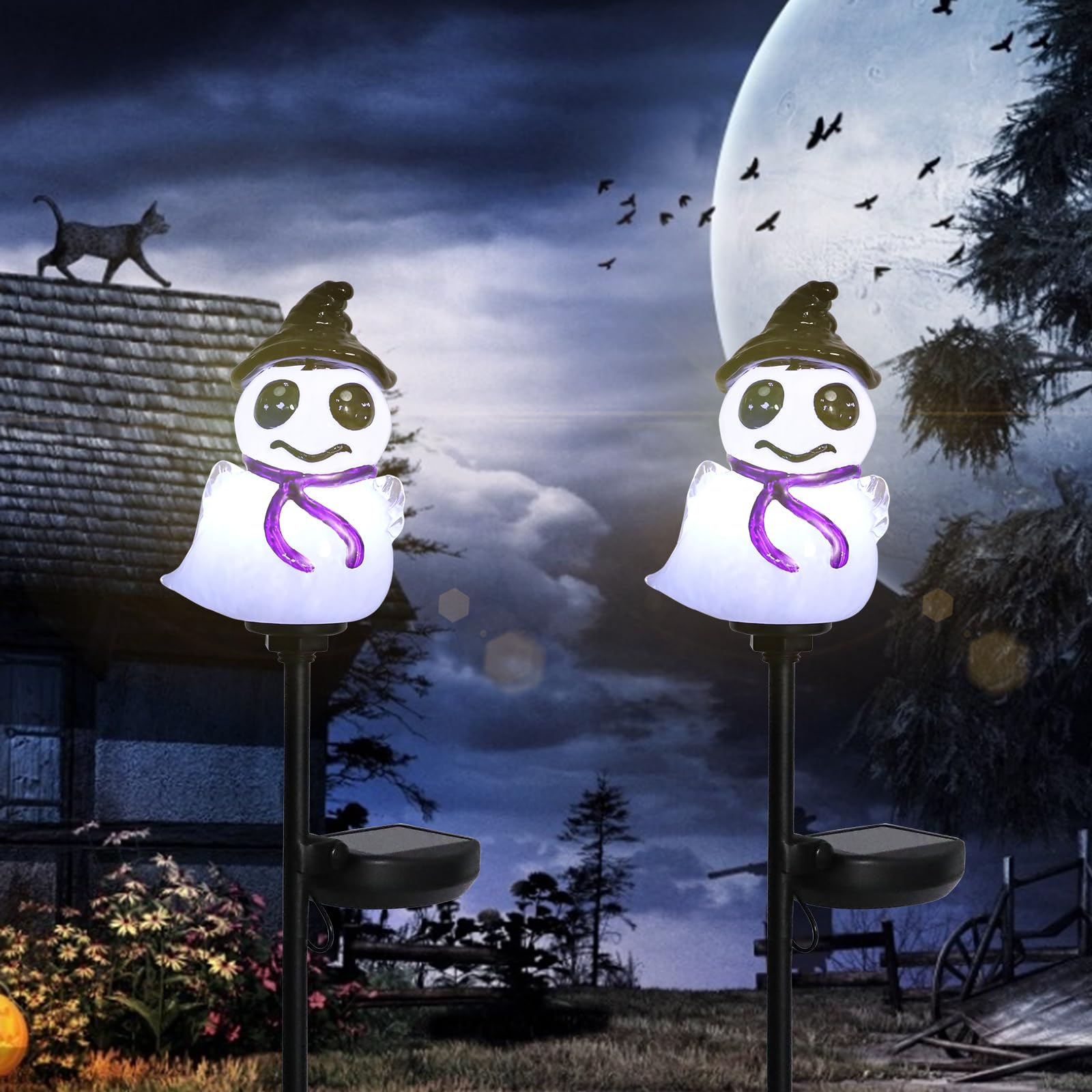 Bshine Halloween Ghost Solar Lights - 2 Pack, Hand Blown Glass, Waterproof Outdoor Decor, Pumpkin Stake, Model 4884181-2