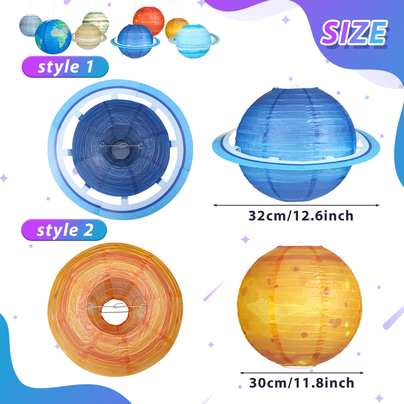 Fontien 8 PCS Planet Paper Lanterns - 12 Inch Outer Space Party Decorations, Solar System Design for Kids' Space Theme Birthday Parties