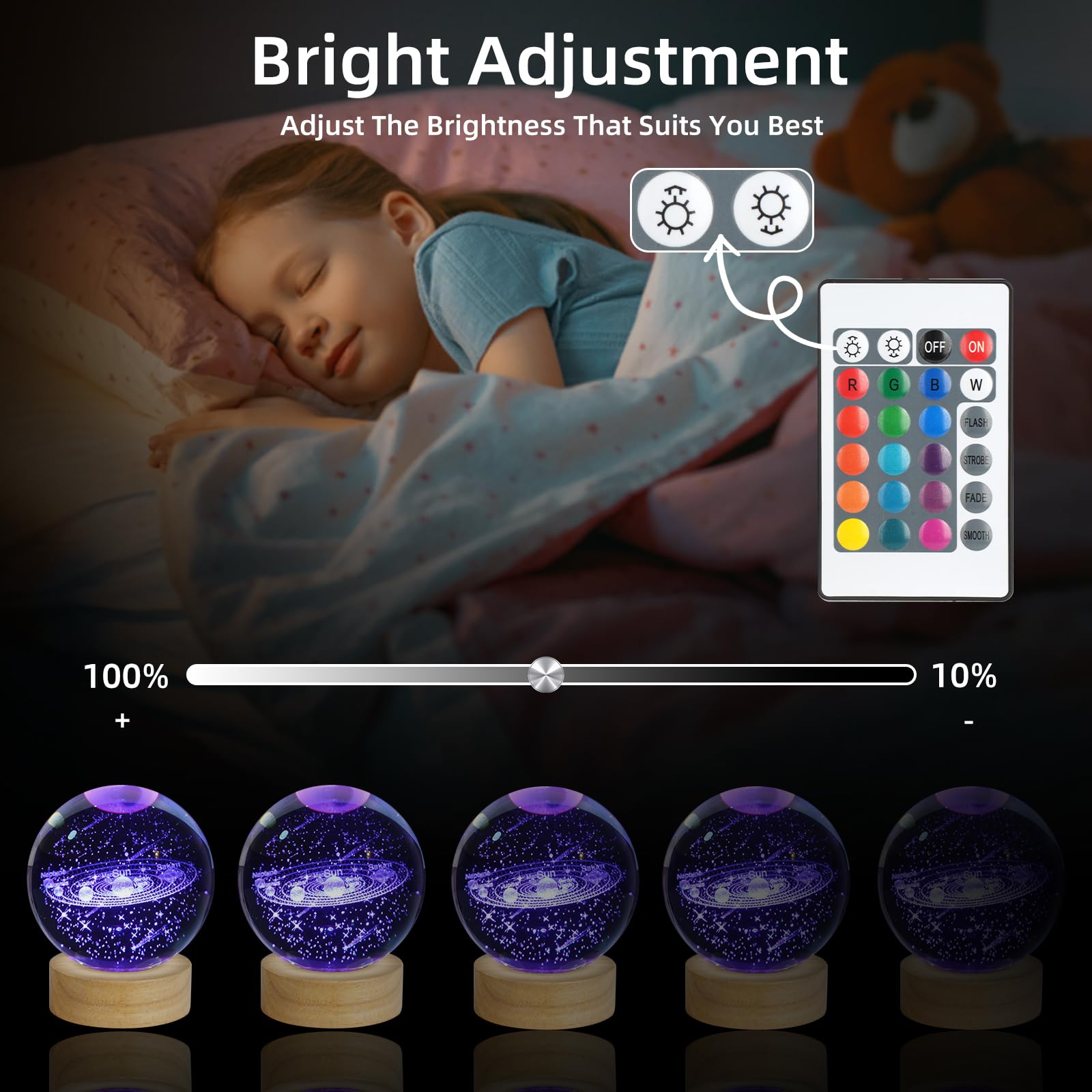 Zxblaq 3D Solar System Crystal Ball Night Light, Upgraded 3.15 Inch Glass Ball Lamp With 16 Color Led Wooden Base, Solar System