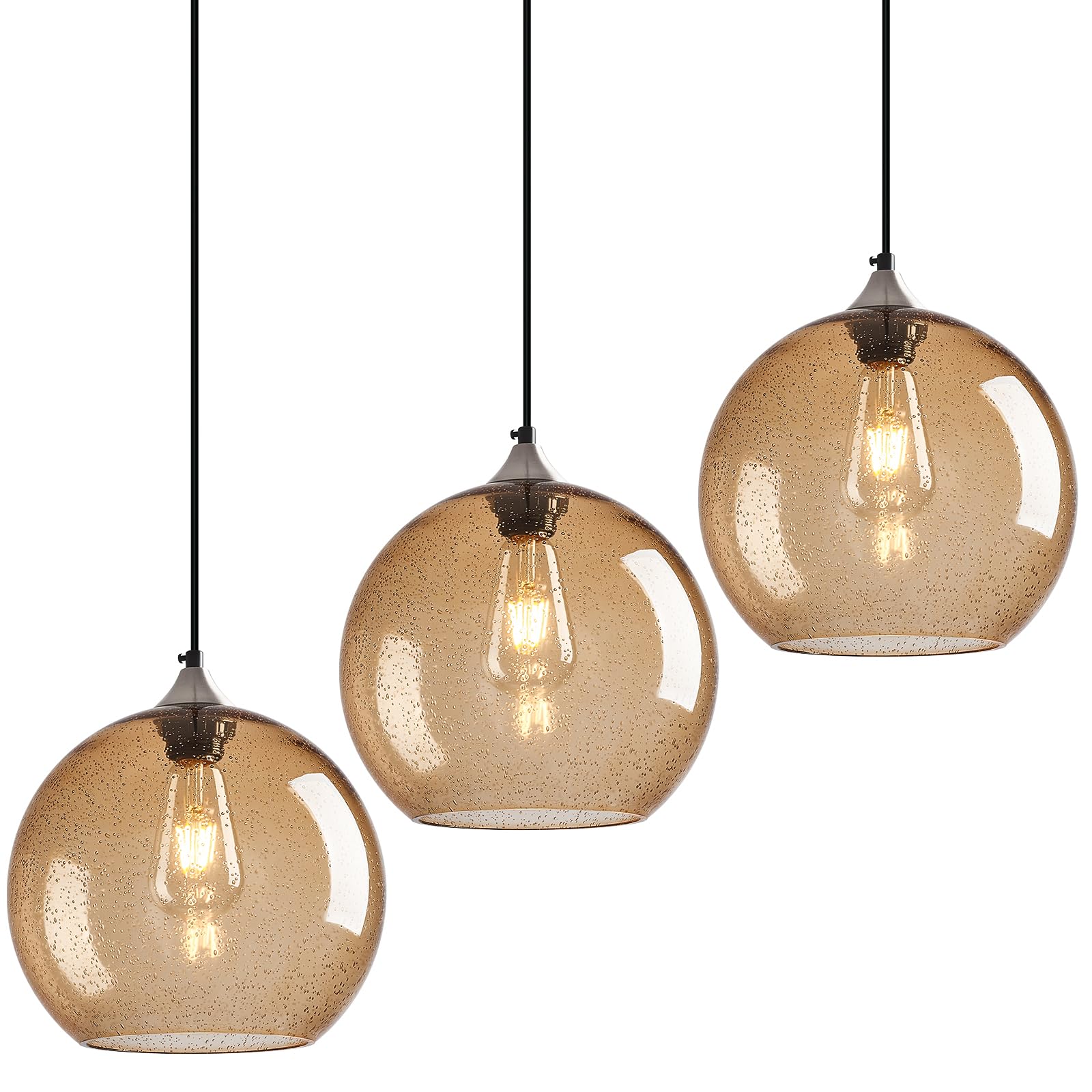 Lbsqj Light Brown Glass Pendant Lights Kitchen Island Globe Pendant Light Fixtures Modern Pendant Lighting For Bedroom Living Dining Room Light Fixture (9.84 In  3 Pack)