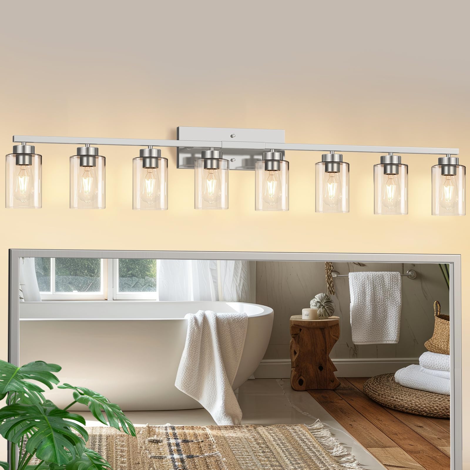 IZORRO Modern Bathroom Light Fixtures, 8 Light Brushed Nickel Vanity Lights, Bathroom Lighting Fixtures Over Mirror with Clear G