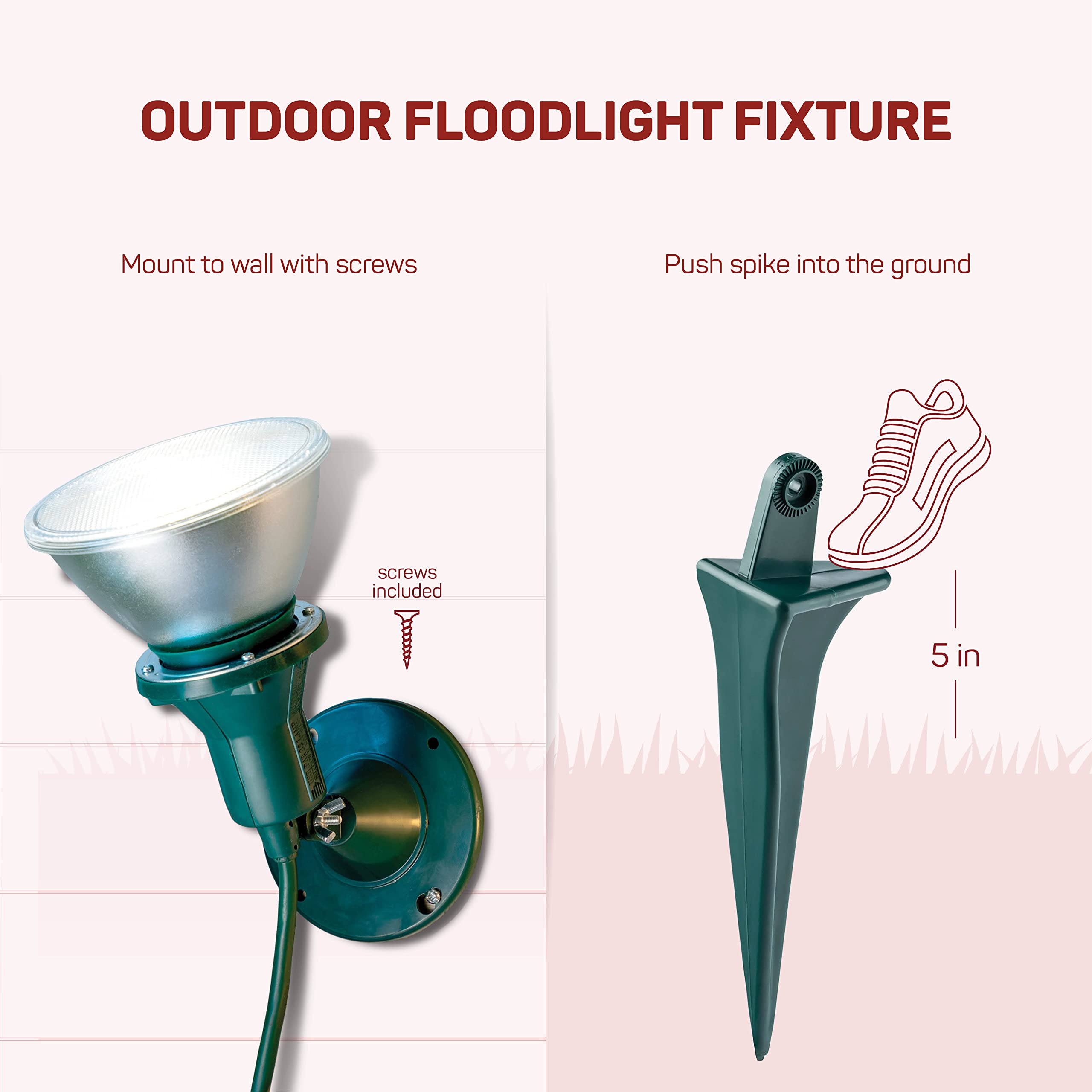Sewanta Outdoor Flood Light Holder - Heavy Duty Green Fixture With Stake & Wall Mount, 6-Ft Cord