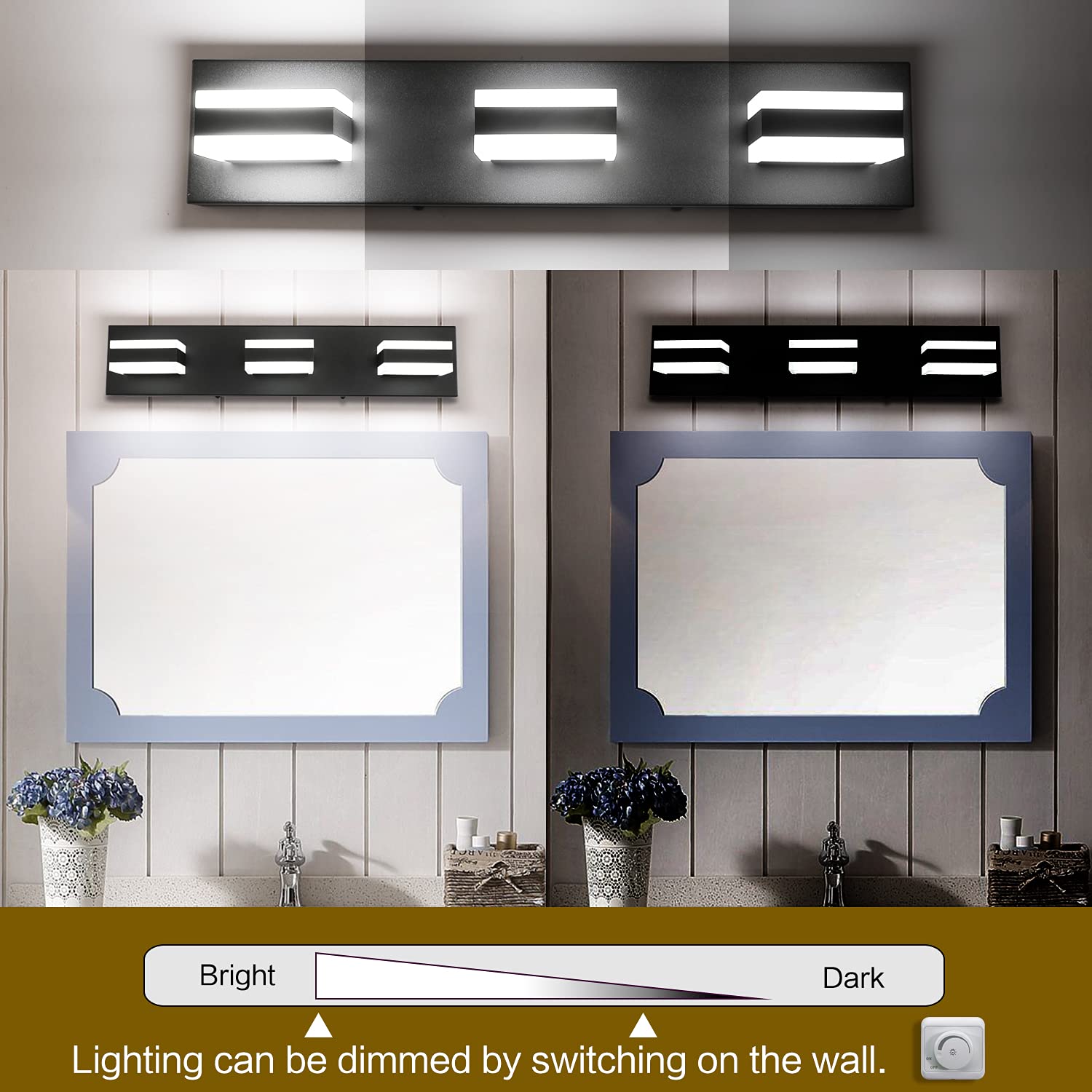 SOLFART Black Bathroom Vanity Light Fixture, LED Dimmable, 21.7" Aluminum, Modern 3-Light Over Mirror Lighting, Model S8568-3T-6000K
