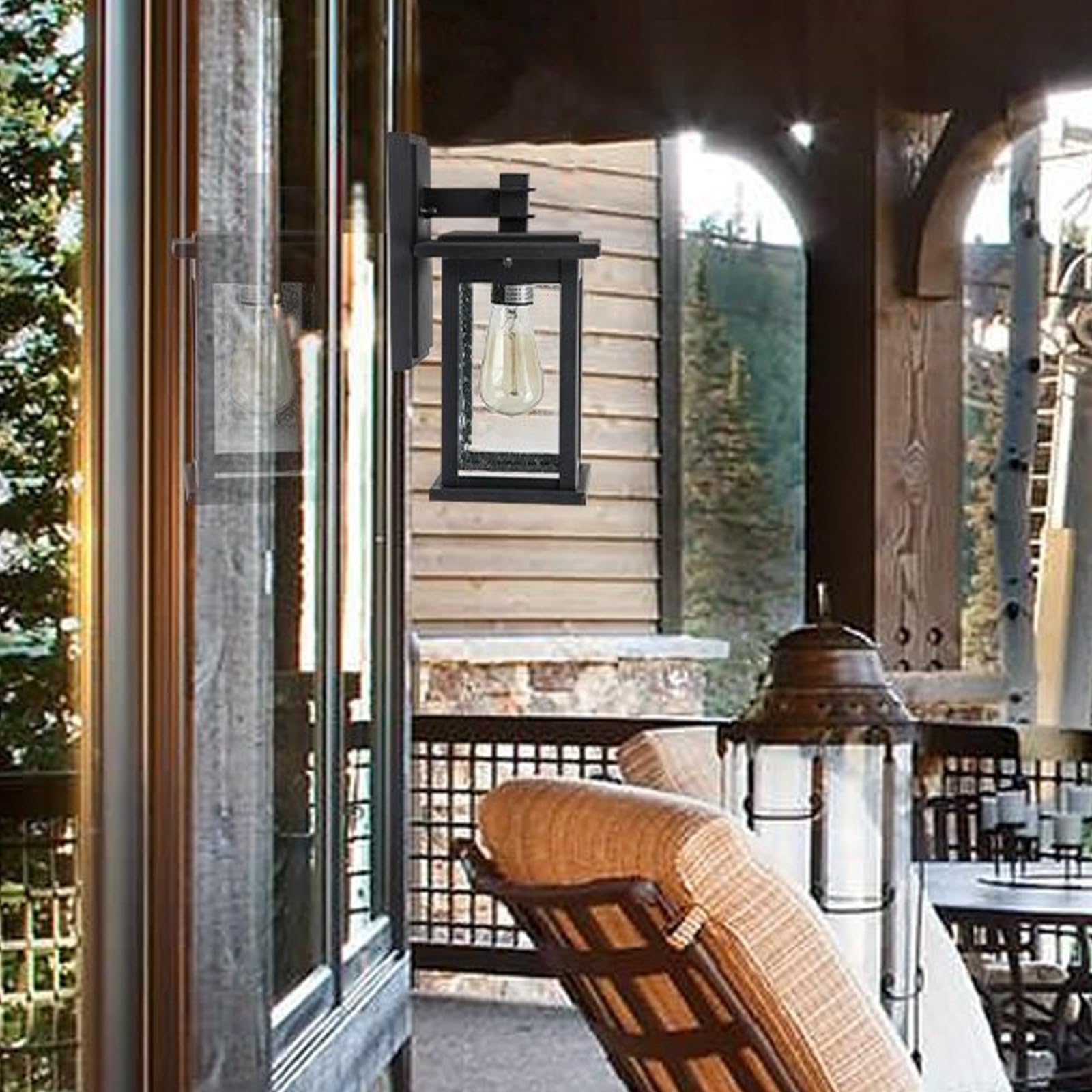 Emliviar 1-Light Outdoor Wall Sconce, Black Lantern With Clear Seeded Glass, Medium Size