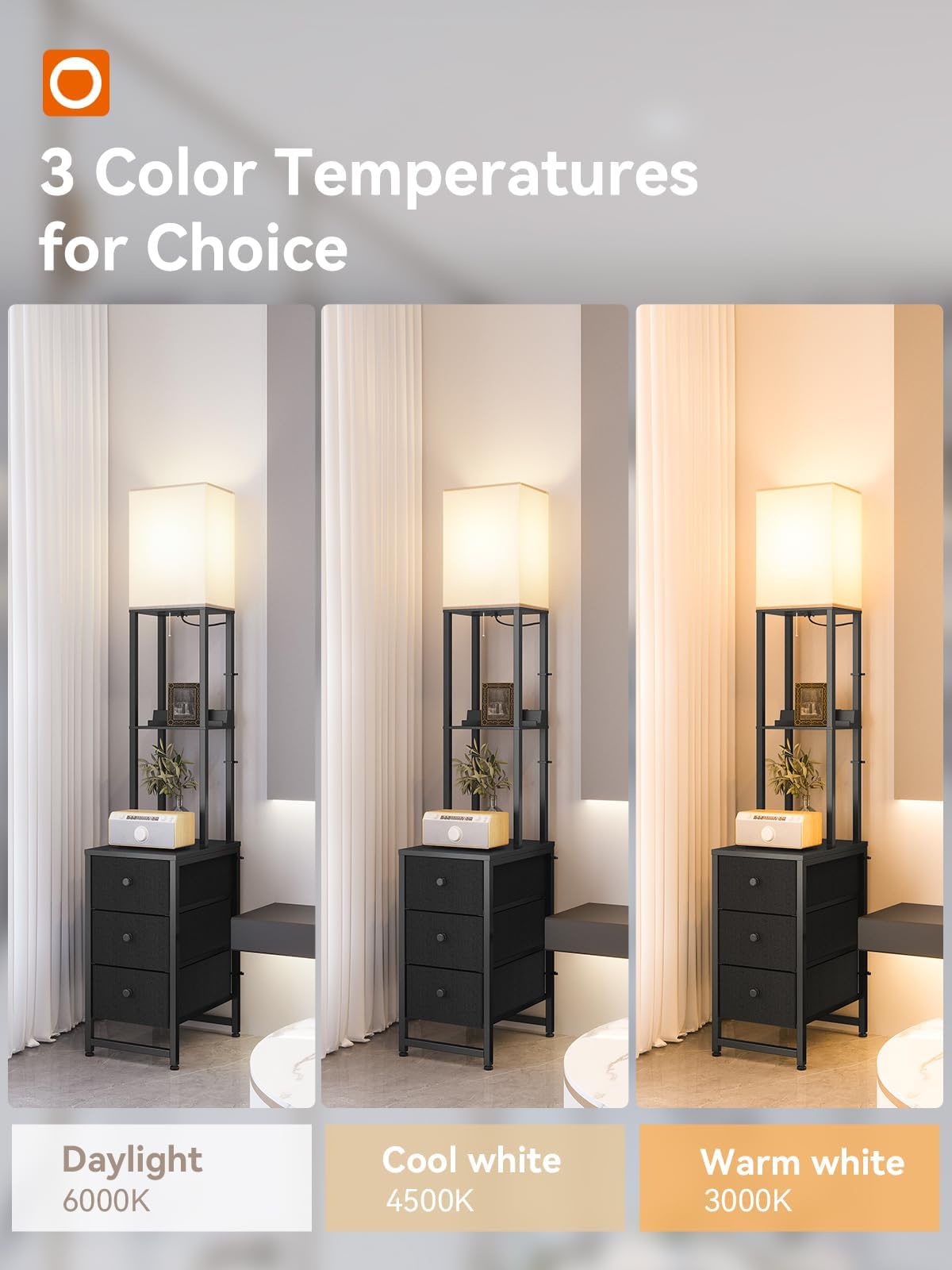 addlon Floor Lamp with 3 Drawers, 2 USB Ports & 1 Outlet, Metal, Black, 3 Color Temperatures, Model SFBGD-1224-4