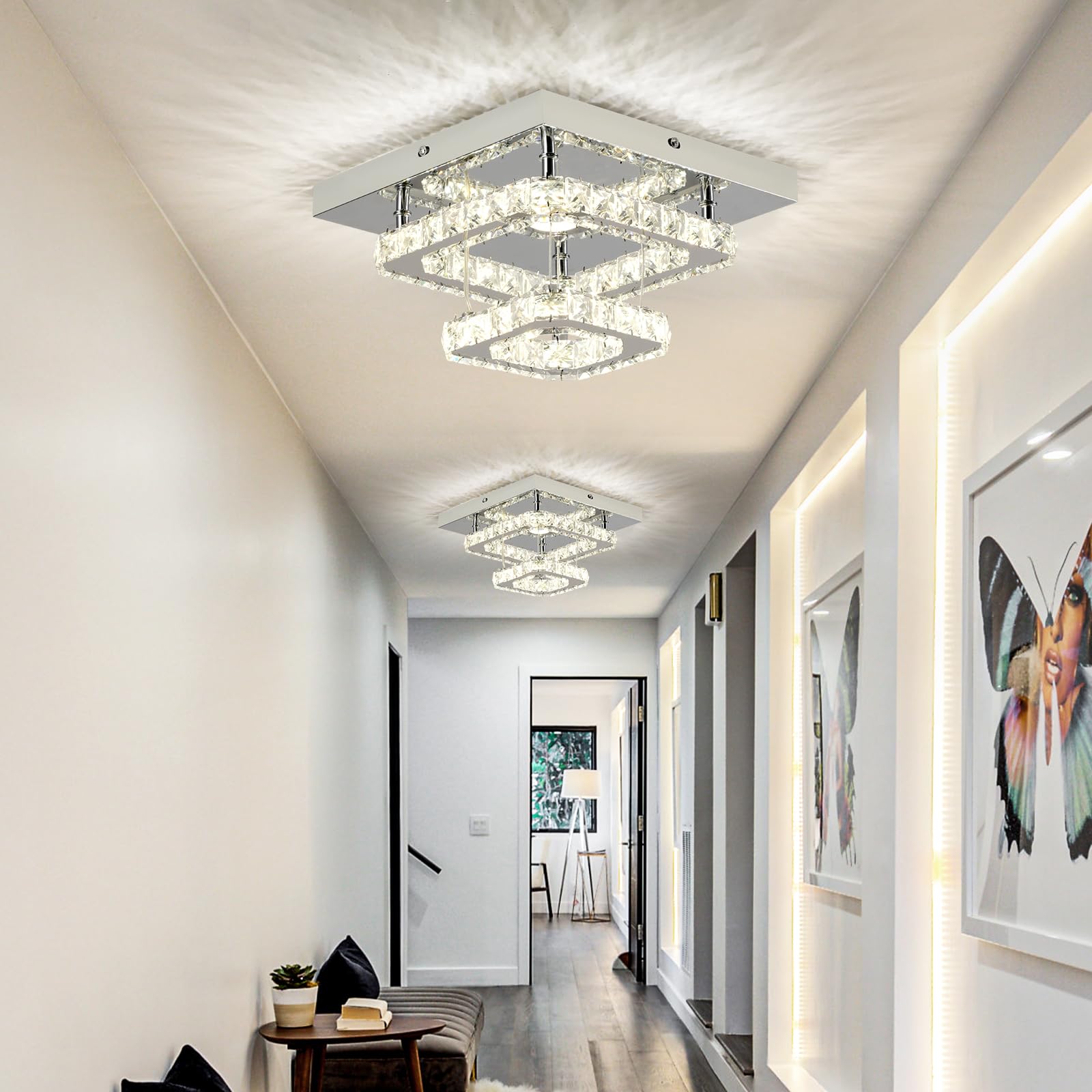 Rheafon 9.8 Inch Modern Crystal Chandeliers Dimmable Led Crystal Ceiling Light Fixtures Square Flush Mount Ceiling Chandelier Li