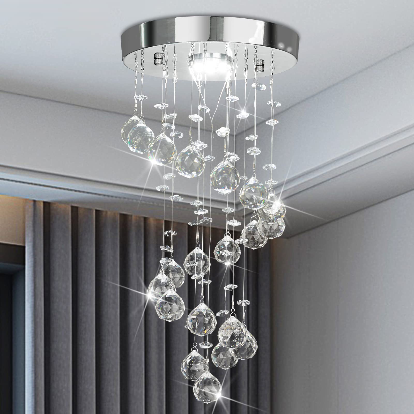 Elegant Spiral Flush Mount Chandelier, Modern Raindrop Chandelier Crystal Ball Chandeliers Fixture Pendant Ceiling Lamp Lighting Fixtures For Bedroom, Hallway, Livingroom, 8''X15.8'' Of Crystop