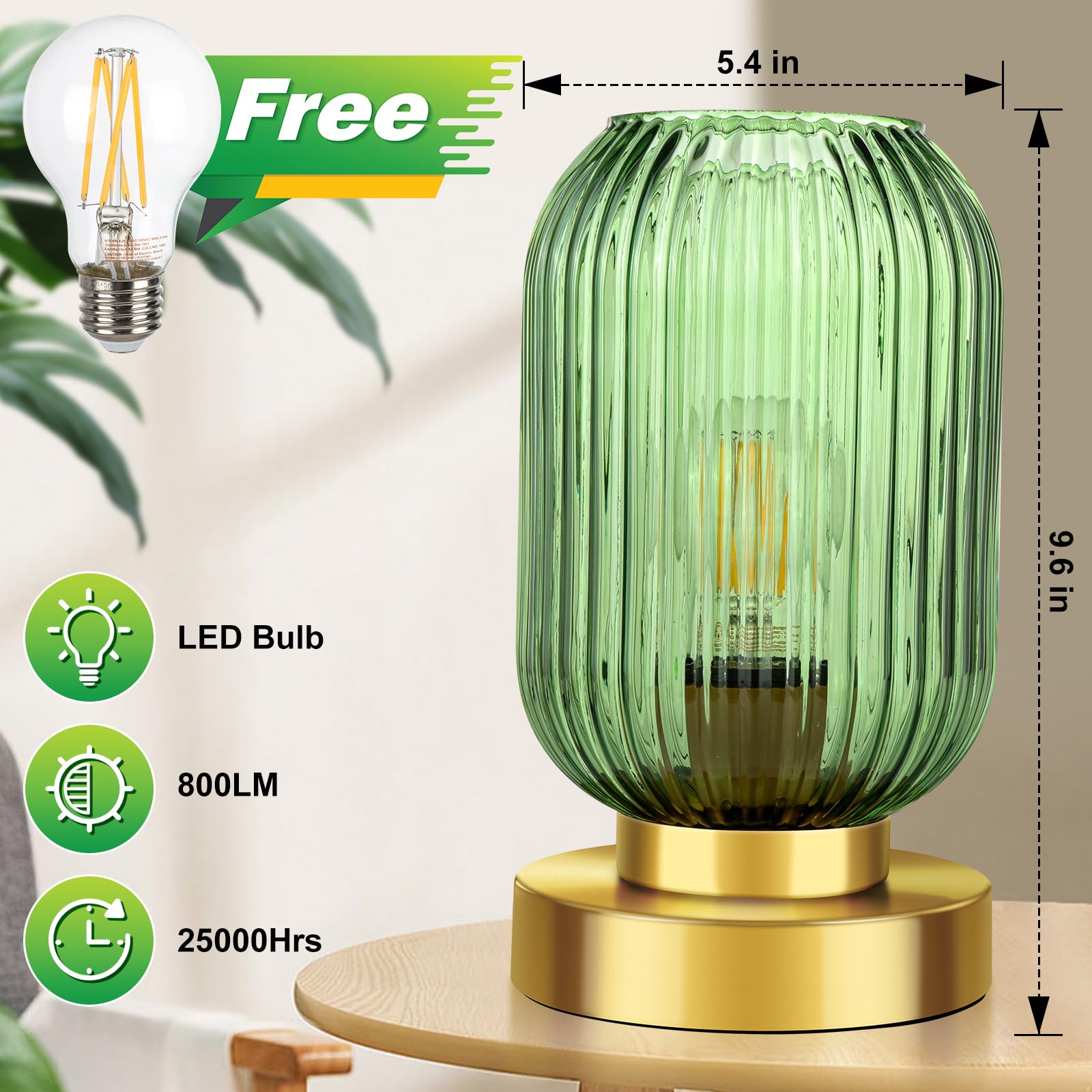 Ledikon Touch Control Mid Century Modern Table Lamp, 3 Way Dimmable, Green Glass, Small Gold, Vintage Bedside Lamp For Bedroom,