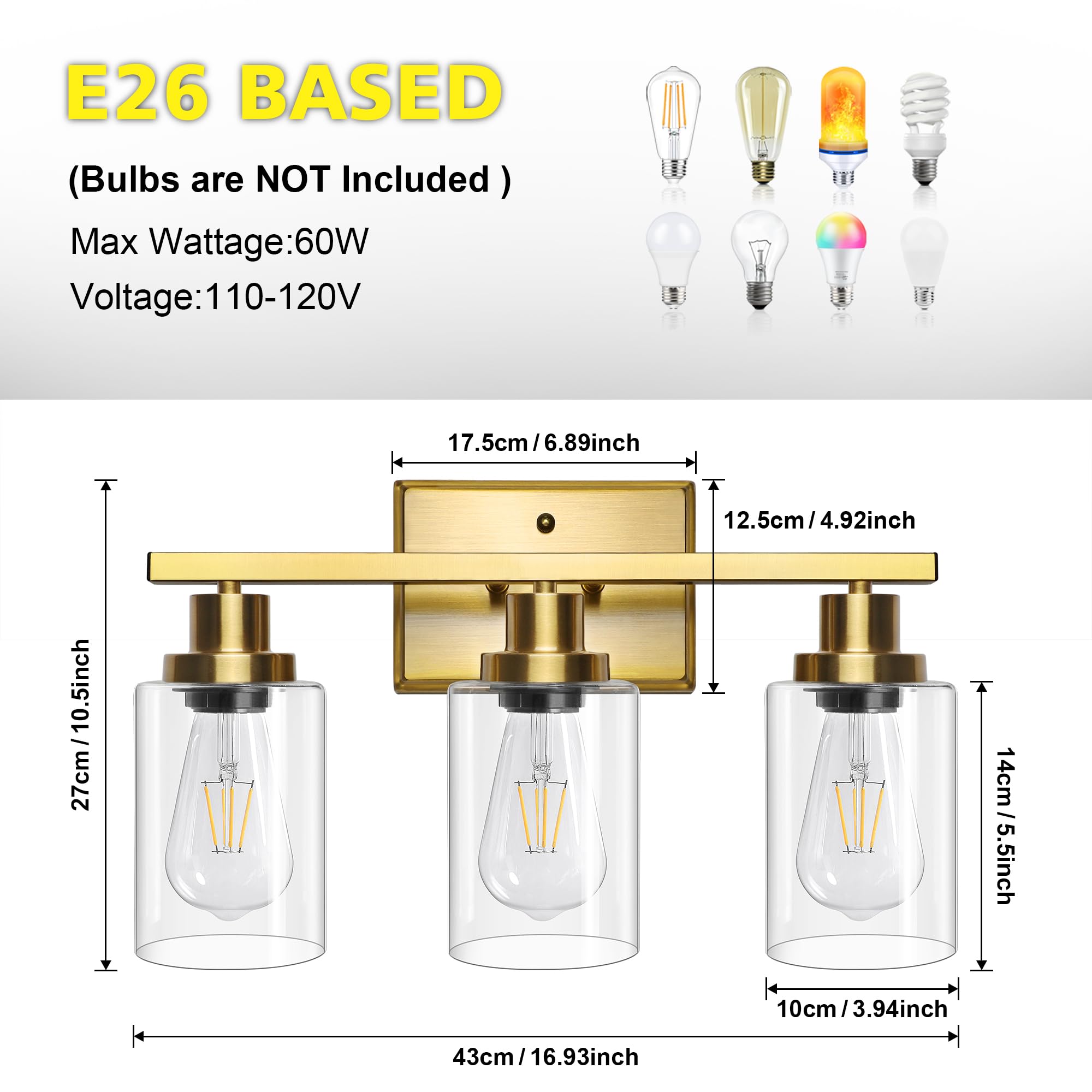 Ascher 3 Light Bathroom Vanity Light Fixtures, Gold Wall Sconces with Clear Glass Shade for Mirror, Kitchen, Living Room