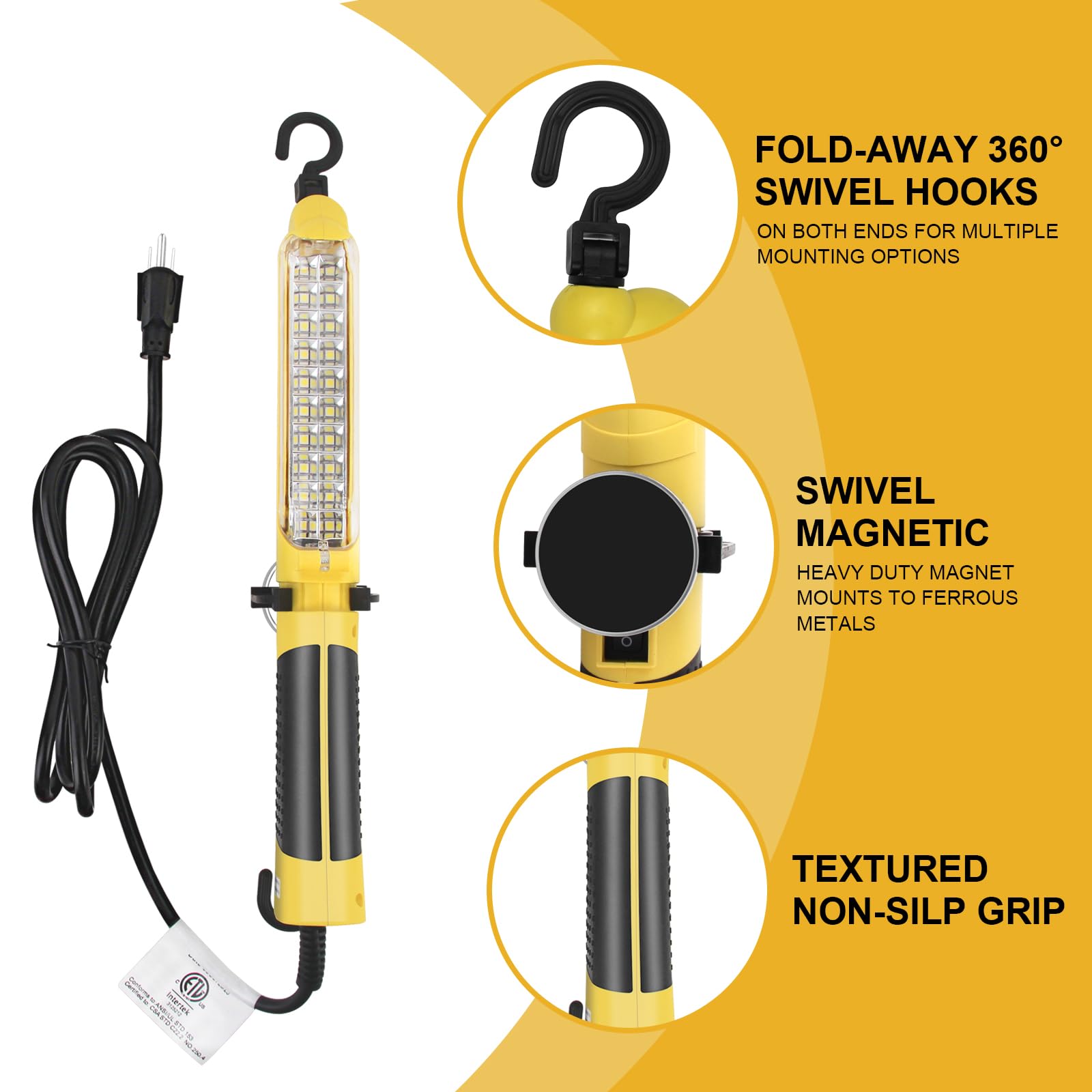 BOCPARTS LED Trouble Light - Super-Bright 20 COB, 6FT Corded, Strong Magnet, Double Swivel Hook, ETL Listed for Car Repair and Construction