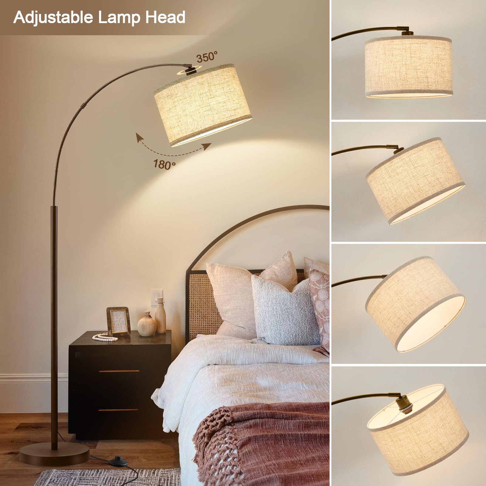 Luvkczc 71'' Arc Floor Lamp For Living Room With Adjustable Lamp Head, Black Pole Lamp With White Shade, Standing Lamp With Foot