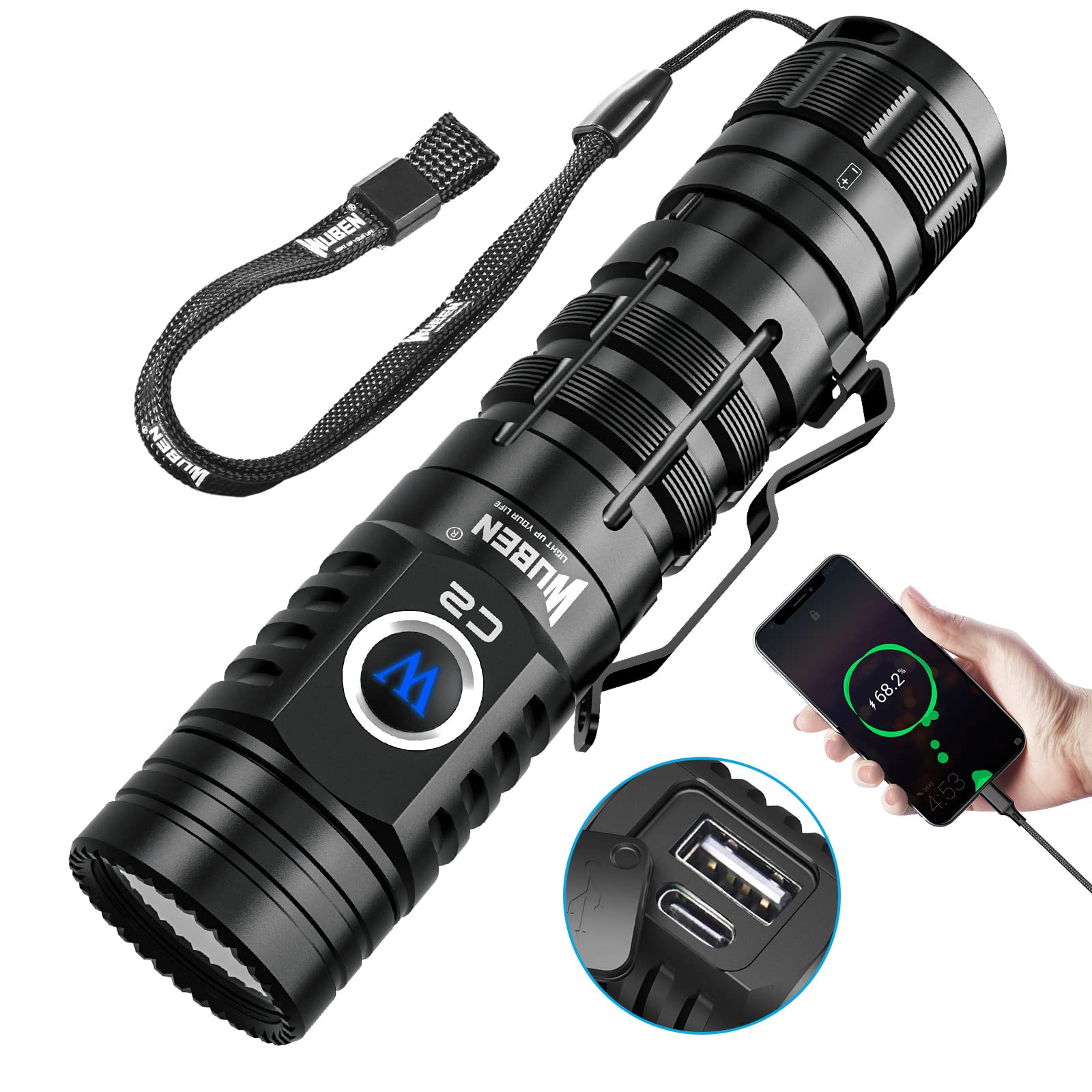 WUBEN C2 Tactical Flashlight, 2000 Lumens, USB C Rechargeable, 7 Modes, IP68 Waterproof, Black