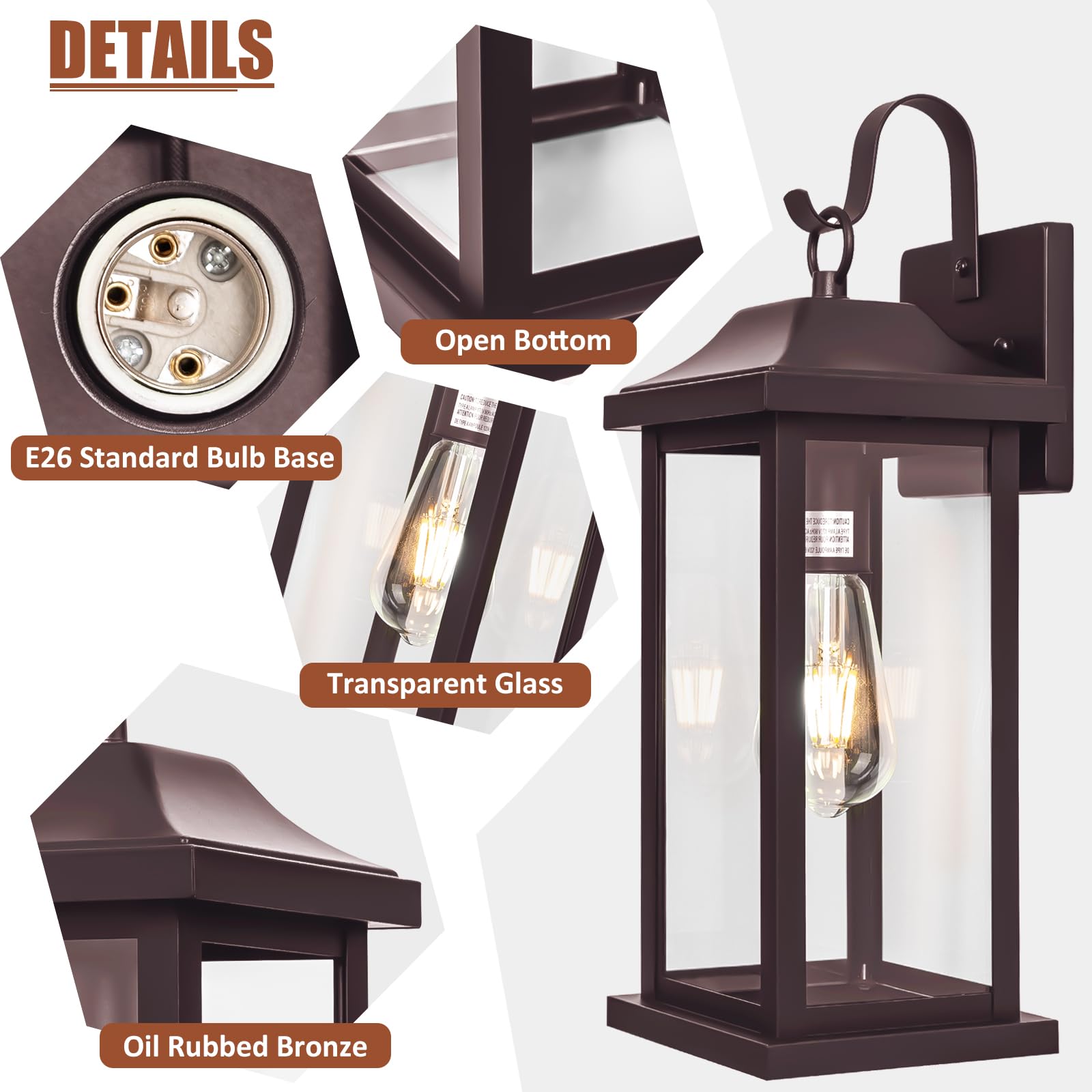 Roravilila 2-Pack Vintage Bronze Outdoor Wall Sconces, 17 Inch IP65 Waterproof Porch Lights, Clear Glass, E26 Bulb Base
