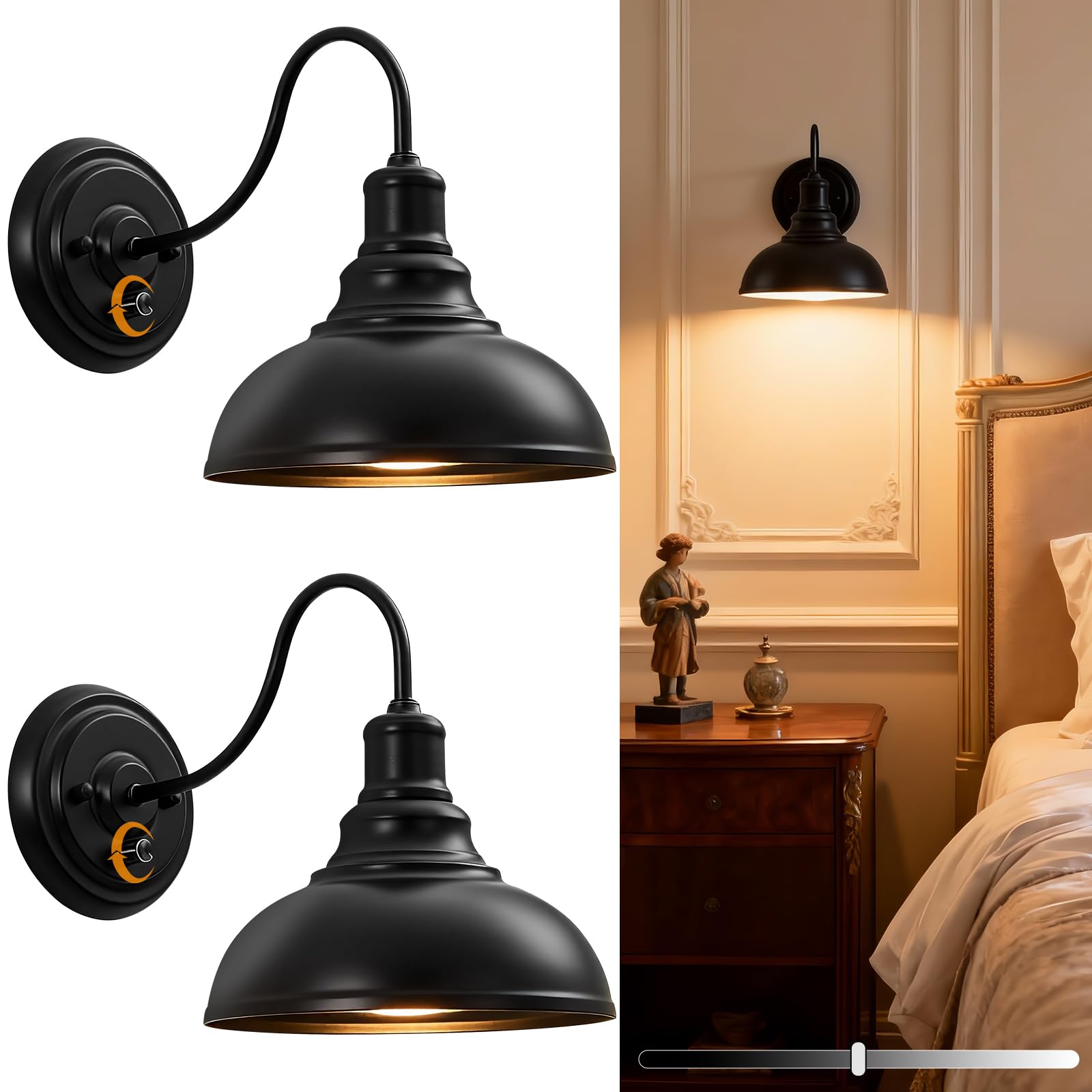 Lightess Dimmable Wall Sconces with Switch, Industrial Gooseneck Wall Light with Dimmer, Black Wall Mounted Bedside Lamps Set of