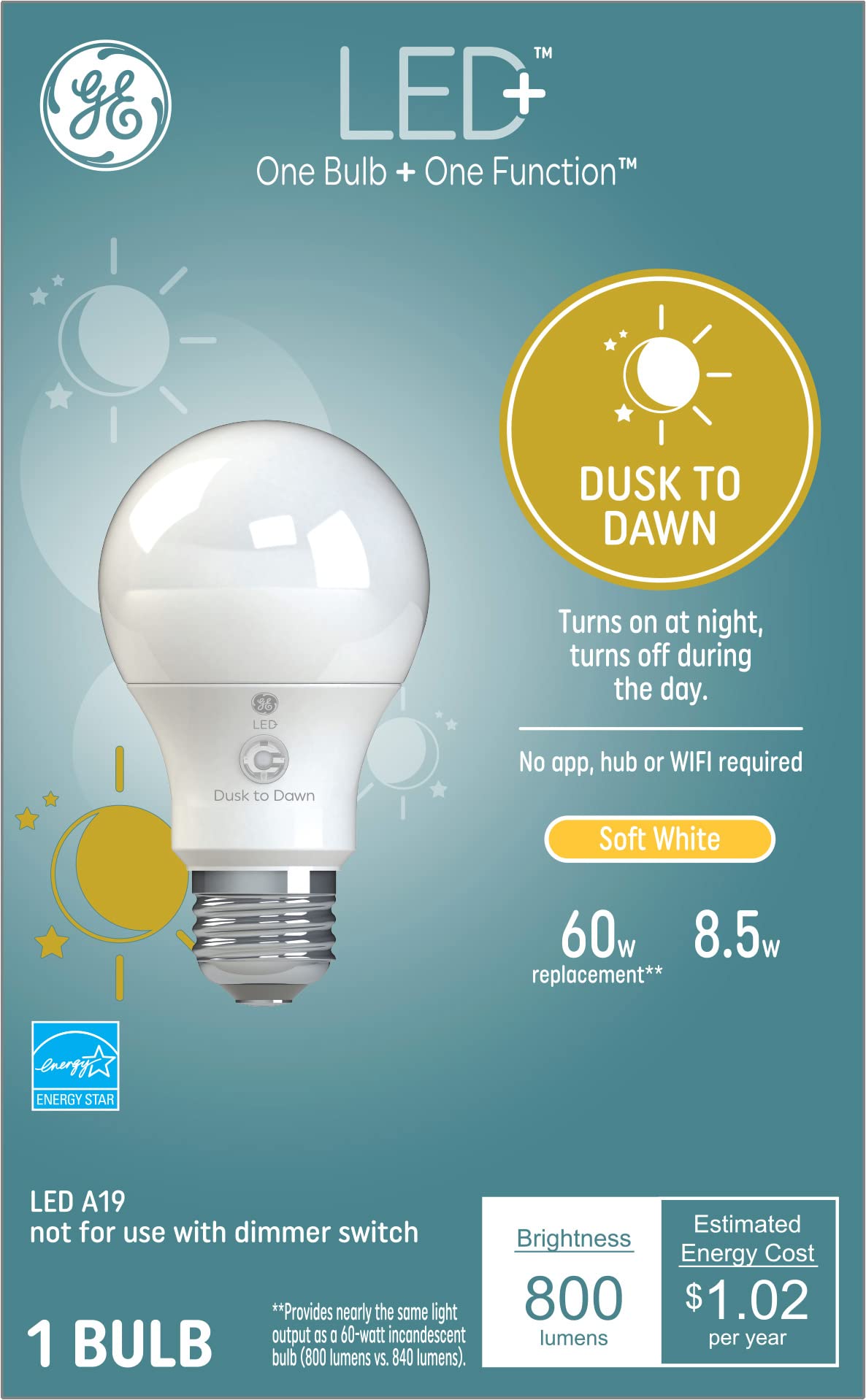 GE Lighting LED+ Dusk to Dawn Outdoor Light Bulb, Sunlight Sensor, Soft White, Automatic On/Off Light Sensing Bulb A19 Light Bulb (1 Pack)