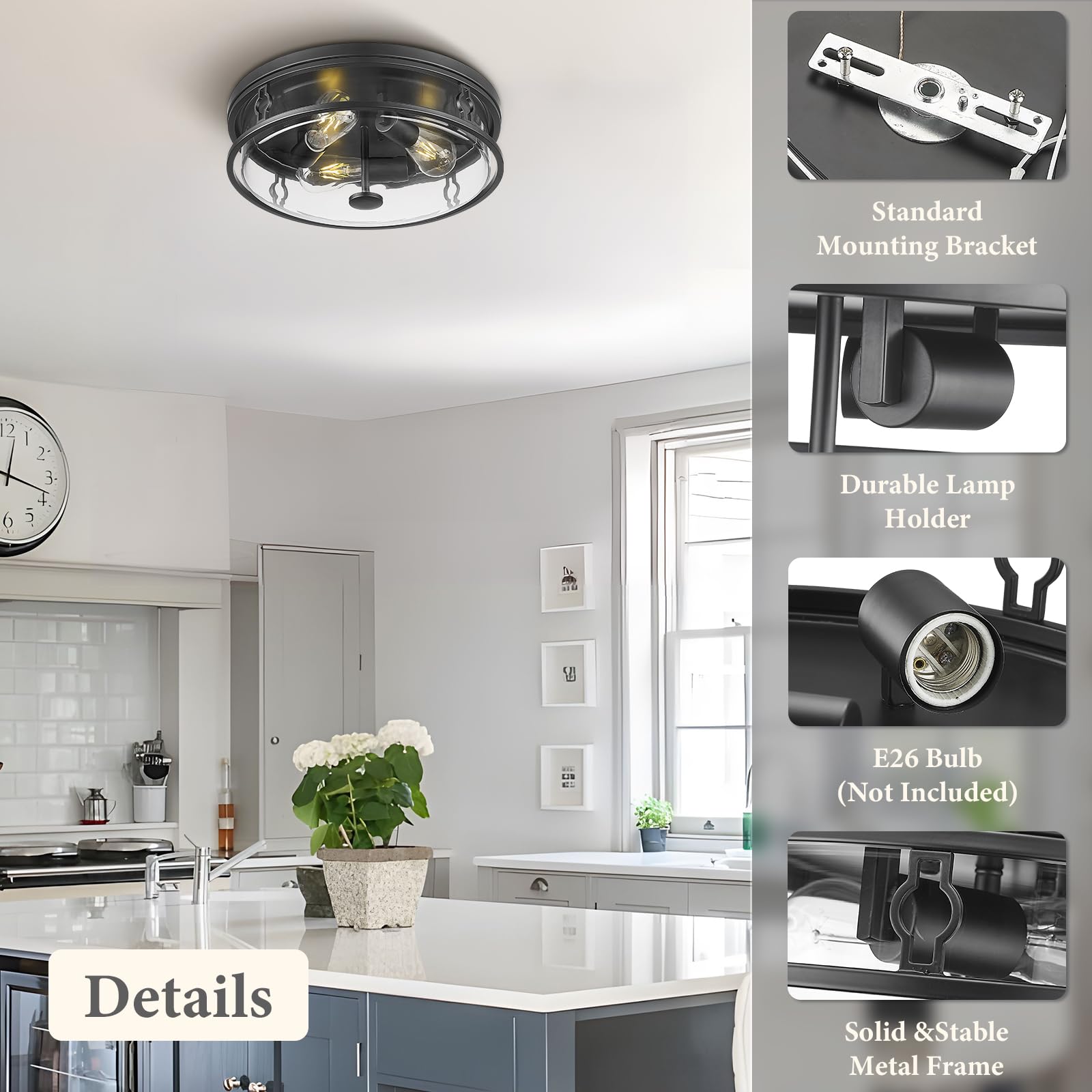 Luminzone 16&quot; Flush Mount Ceiling Light, 3-Light Black Iron Fixture For Indoor/Outdoor Use