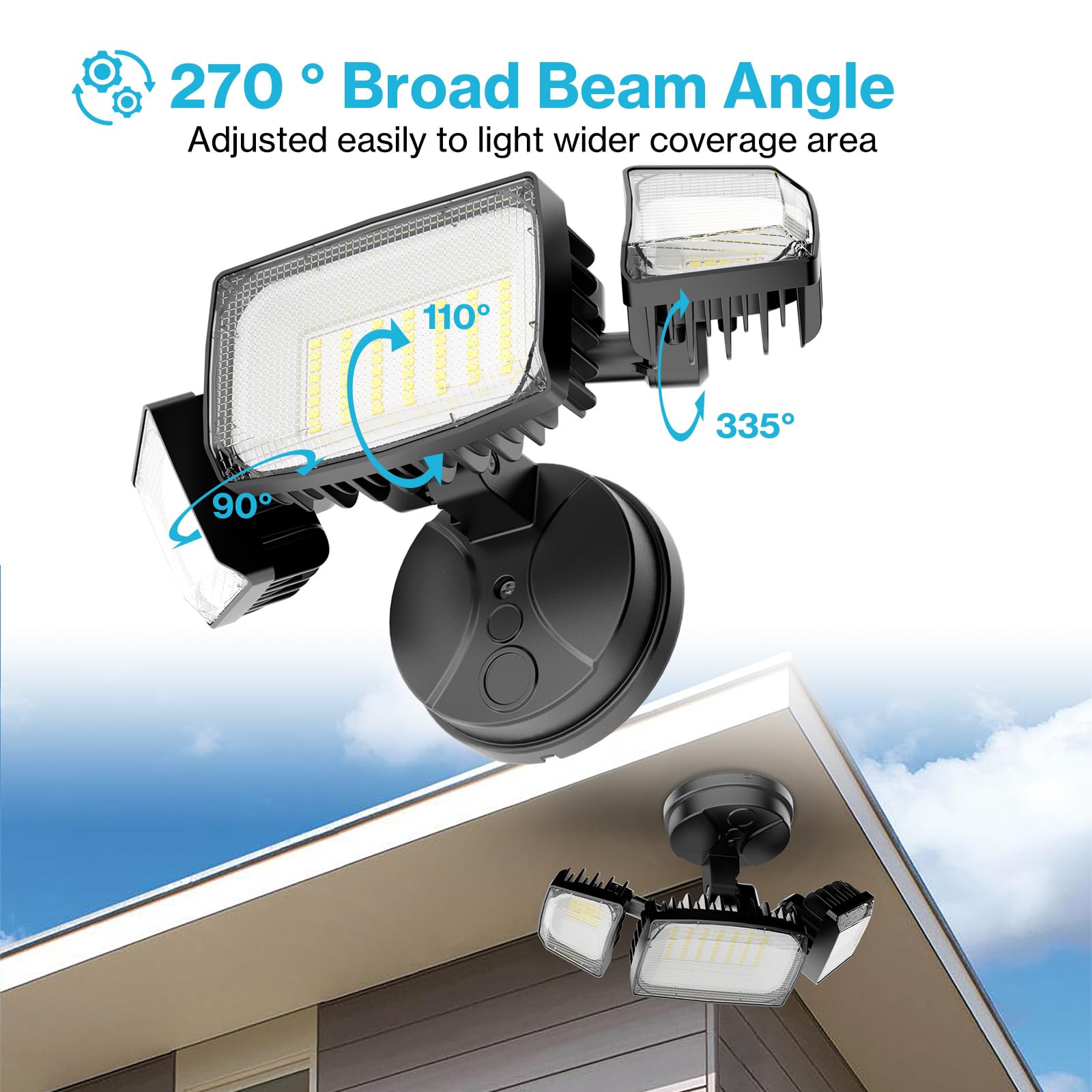 Olafus 55W LED Flood Light, 5500LM, IP65 Waterproof, 3 Adjustable Heads, 6500K, Black, Model BDB50-3