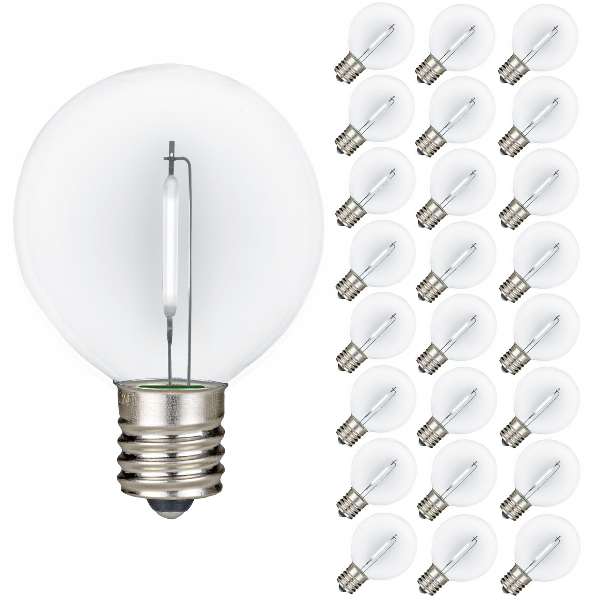 Novelty Lights 25 Pack G50 Led Light Bulbs, E17 C9 Intermediate Screw Base Shatterproof Outdoor String Lights Clear Globe Bulbs,