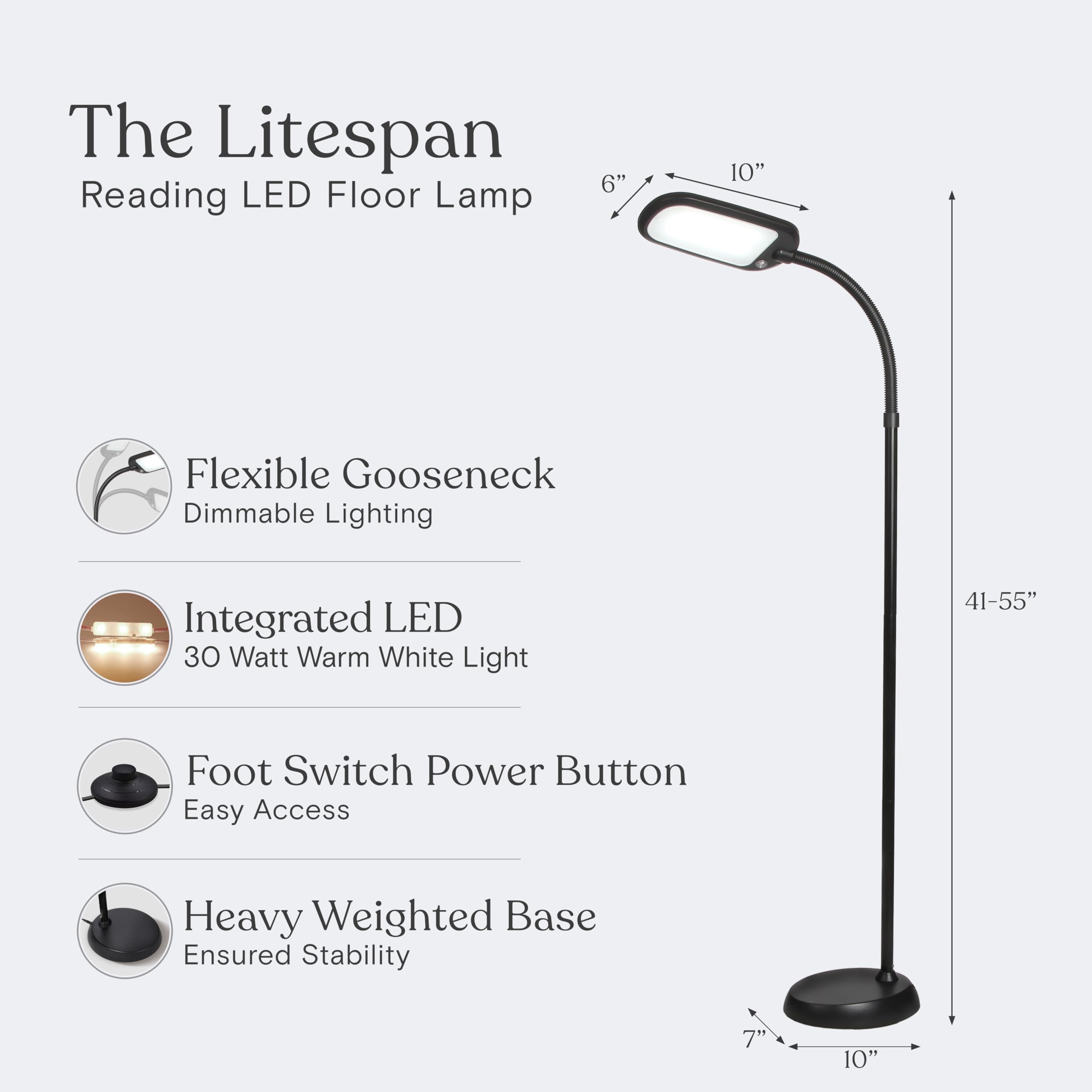 Brightech Litespan Slim LED Floor Lamp - Adjustable Gooseneck, Dimmable, Jet Black, Ideal for Reading & Crafts, Model LTSPAN-CLRS-BK