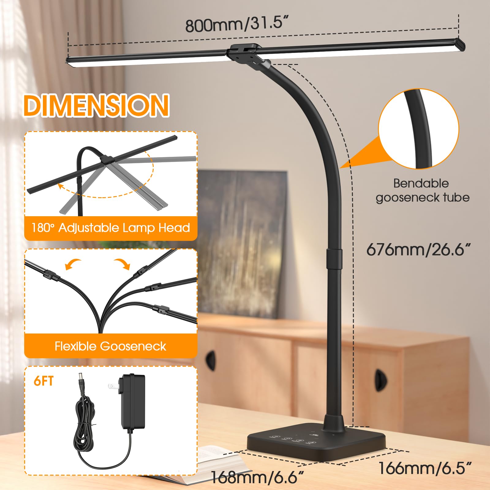 ShineTech LED Desk Lamp, 24W Double Head with Wireless Charging, USB Port, Adjustable Gooseneck, Black, Model U19TT