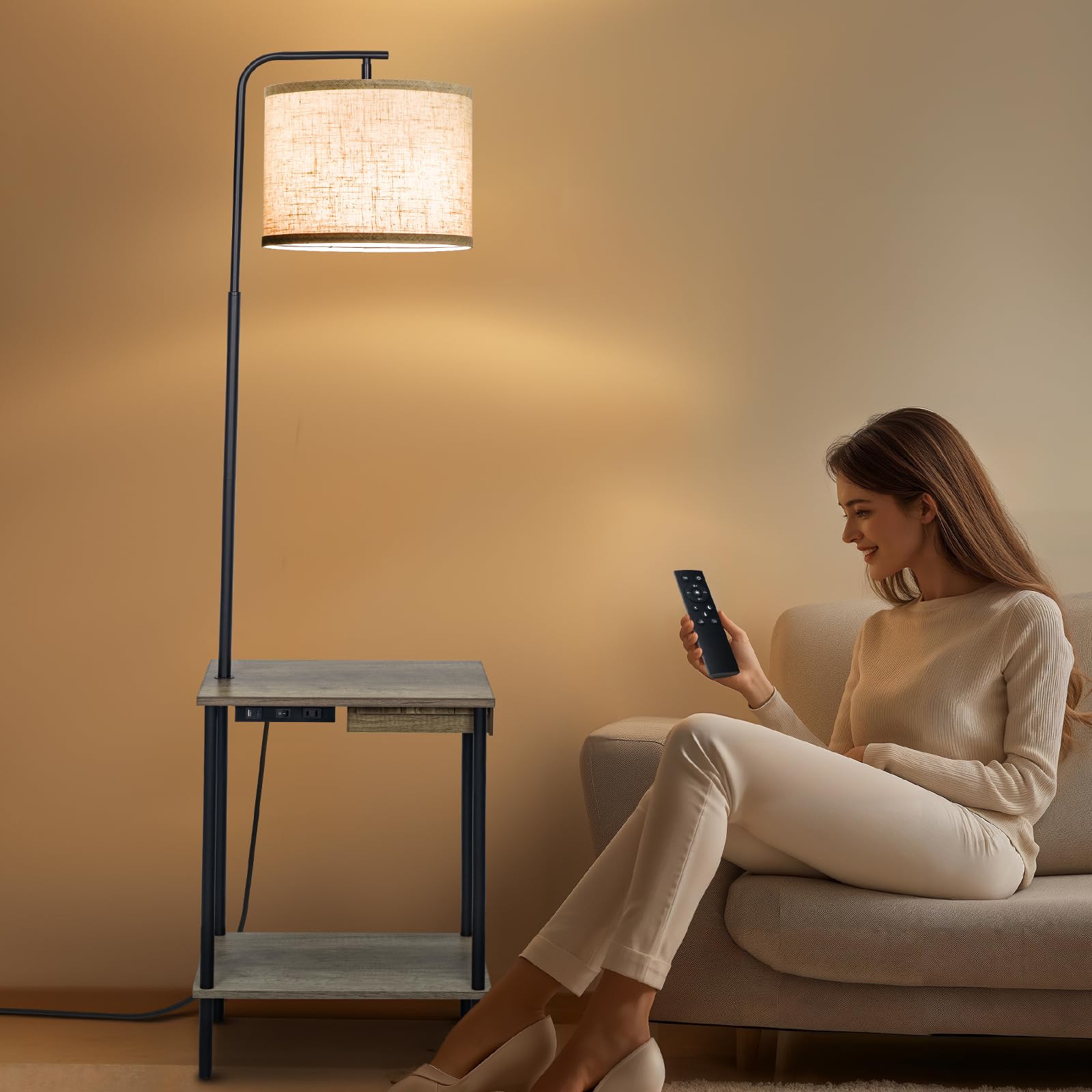 EOEYYOYB Floor Lamp with USB Charging Port, Gray End Table with Drawers, 3 Color Temperature LED Bulb Included
