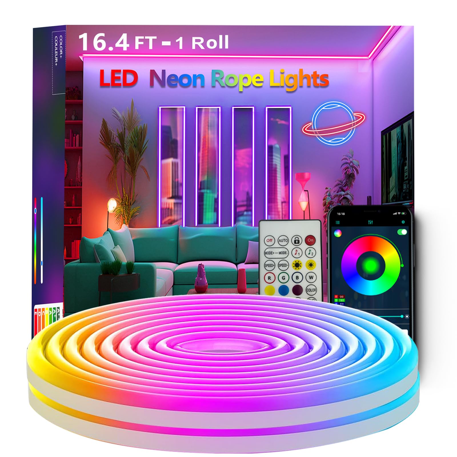 Bvokon RGB Neon Rope Lights, 16.4FT Waterproof LED Strip, App/Remote Control, Music Sync, Flexible Design
