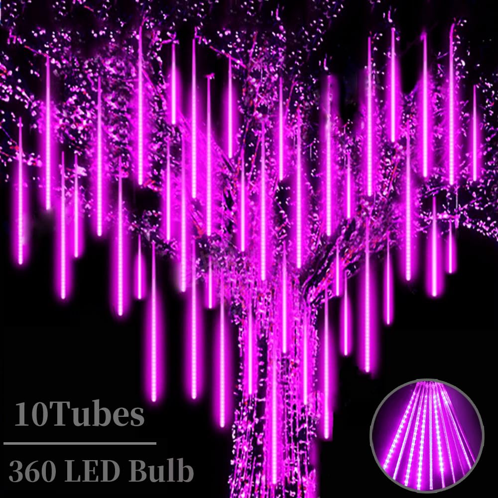 Roytong Christmas Purple Meteor Shower Rain Lights, 10 Tube 360 LED 12 Inch for Outdoor Halloween Falling String Raindrop Decor,