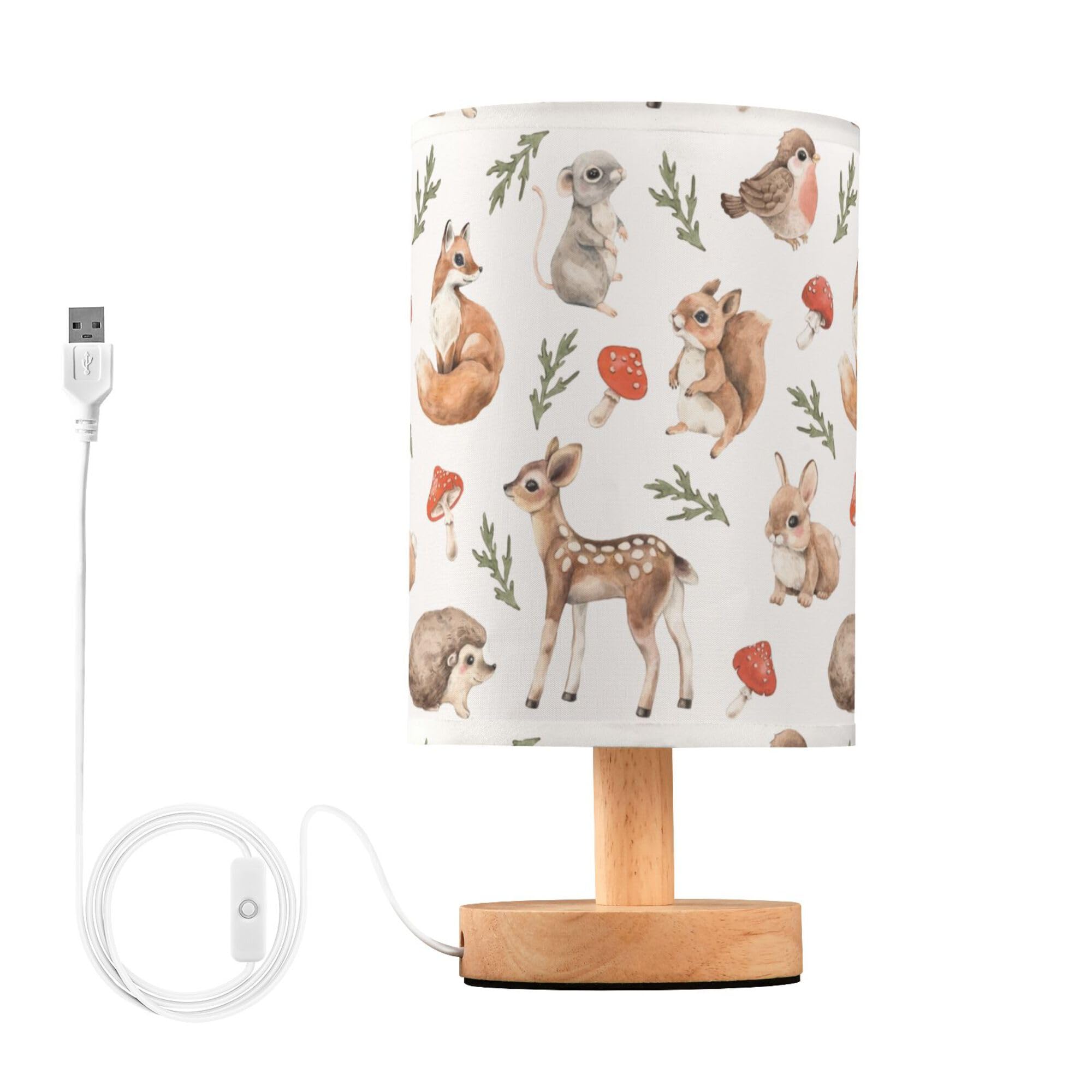 YYZZH Table Lamp Squirrel Mouse Fawn Fox Hare Hedgehog Bird Mushroom Forest Animal Nightstand Lamp with Wood Base Fabric Lamp Sh