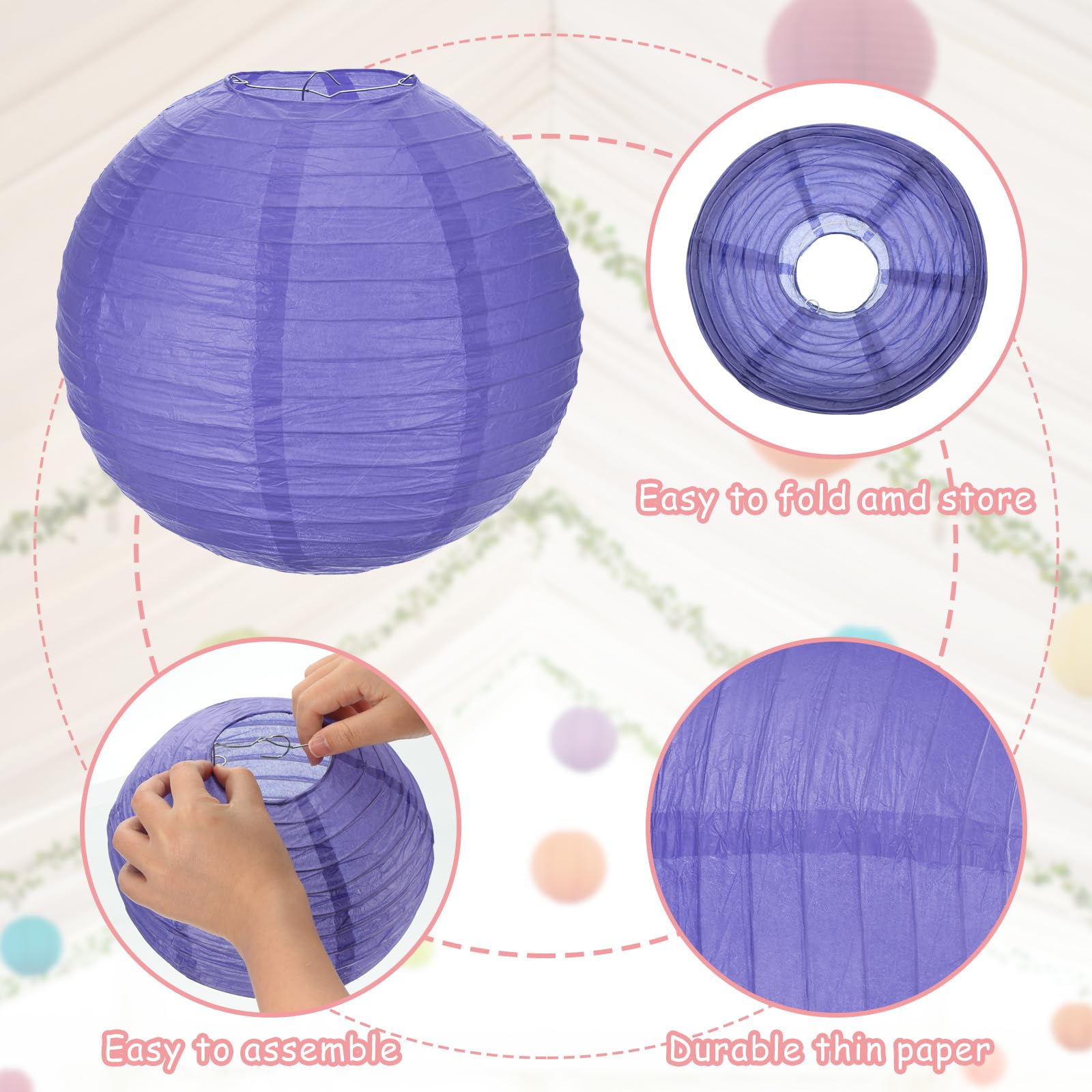Meccanixity 6Pcs Paper Lanterns Decorative, 6'' 8'' 12'' Deep Purple Round Hanging Lantern Chinese Lanterns For Home Decor, Birt