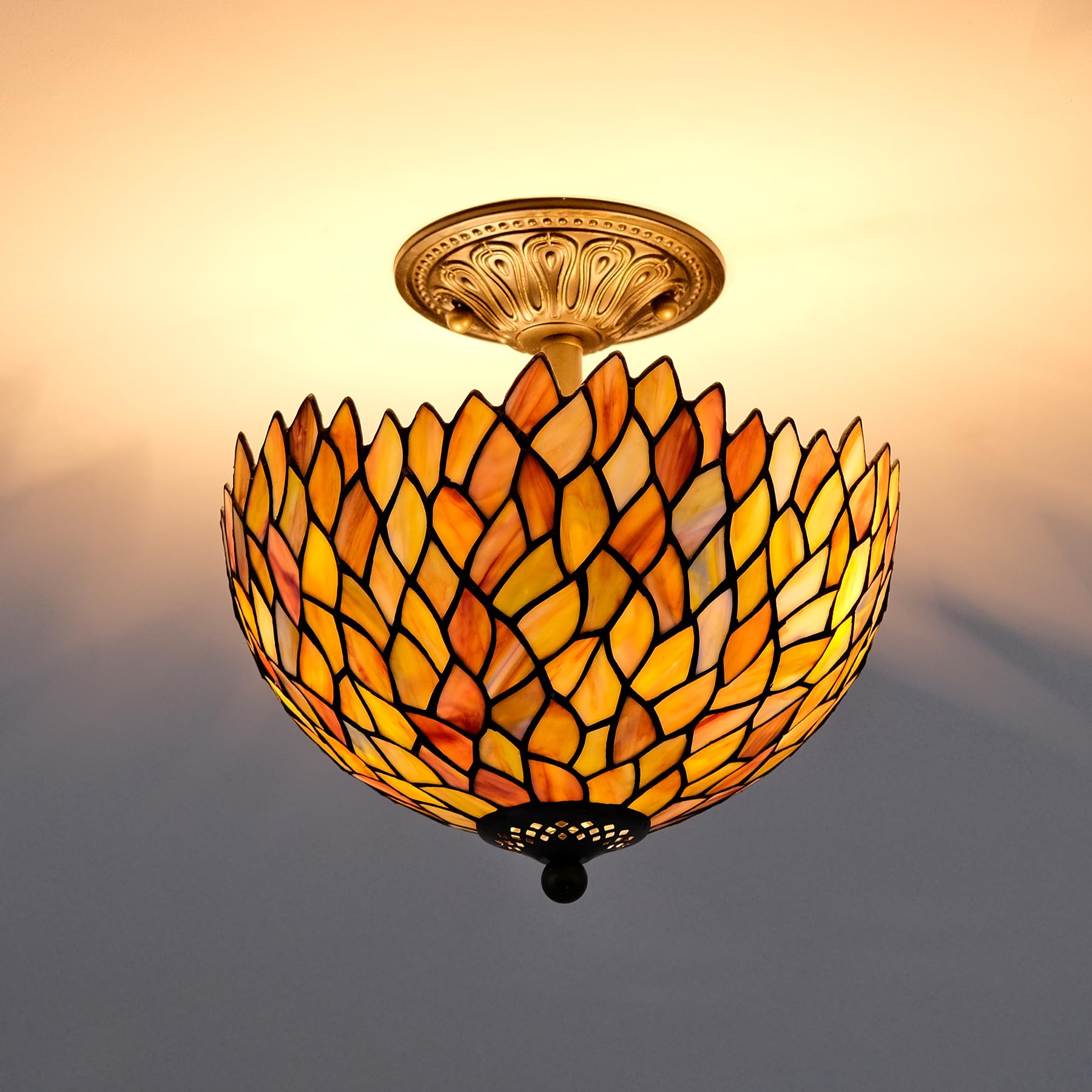 GILGGAK Wisteria Style Tiffany Ceiling Light Fixture Stained Glass Semi Flush Mount Lamp Wide 12 Inch Height 11 Inch Vintage Ins