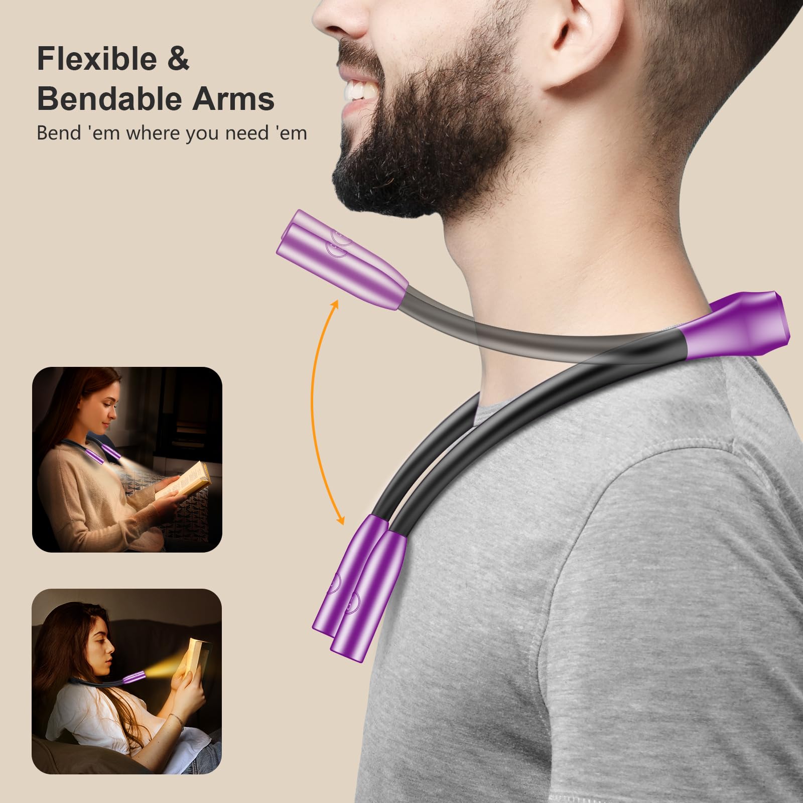 Gritin LED Neck Reading Light - Dimmable, 80+ Hrs Runtime, Silicone, Dark Purple, Model G1337