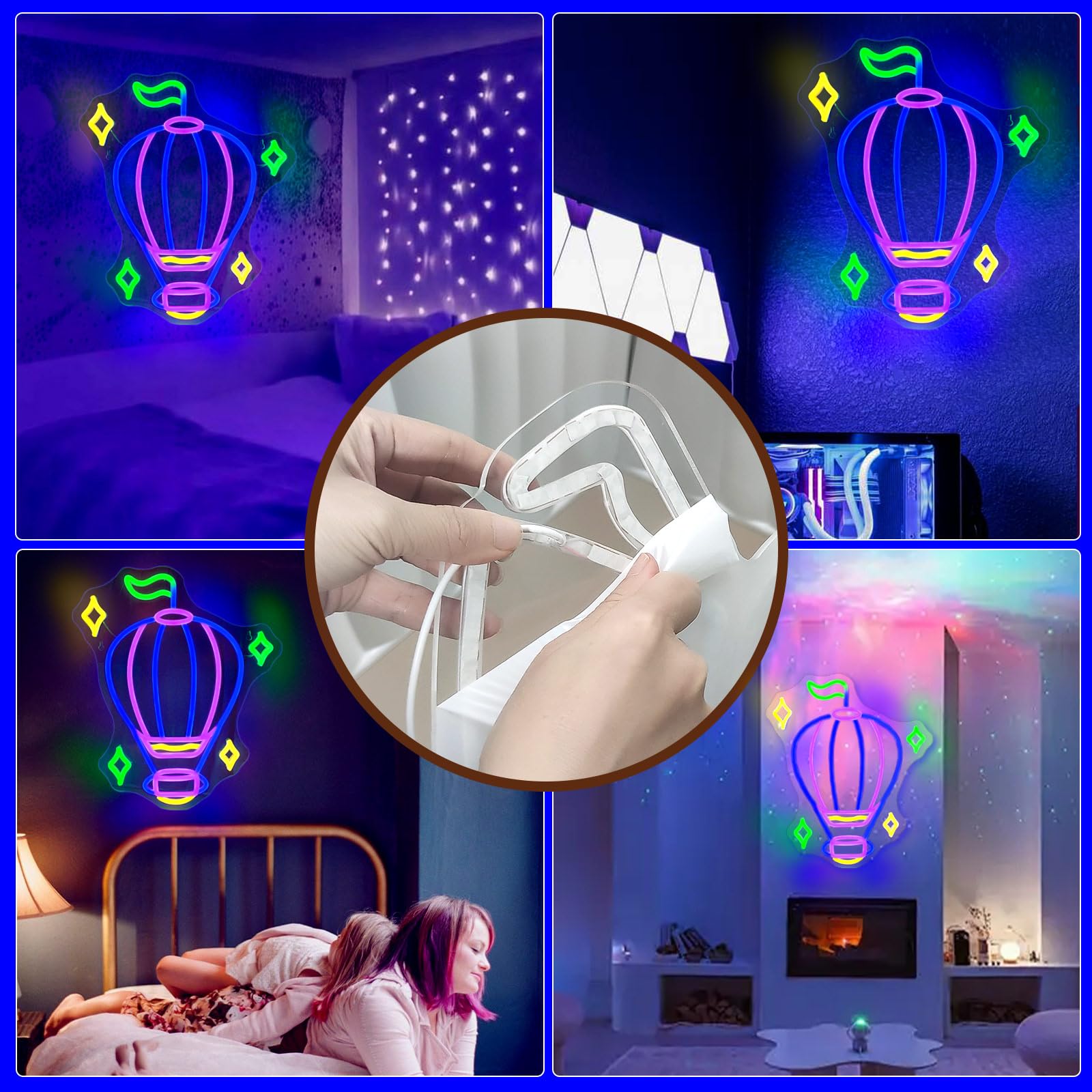 JEDAEMEN Hot Air Balloon Neon Sign LED Light Wall Decor 15.4 x 12.6 inches Blue Purple USB Powered