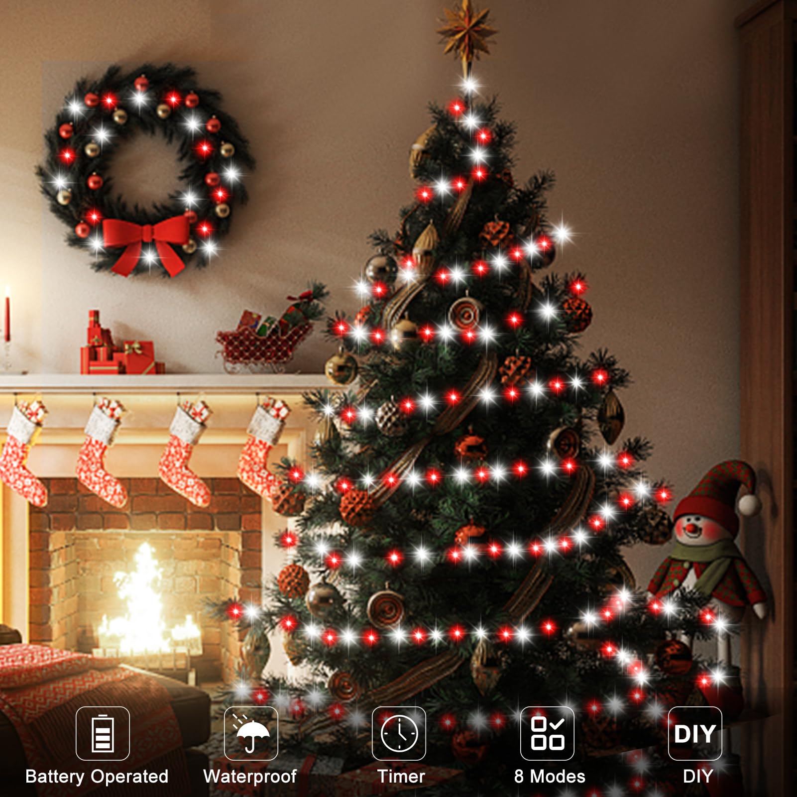 4 Pack Red White Christmas Lights Battery Operated 16.4Ft 50 Led Wreath Christmas String Lights Auto Timer Candy Cane Battery String Lights 8 Modes Green Wire Xmas Decor For Christmas Tree Garland