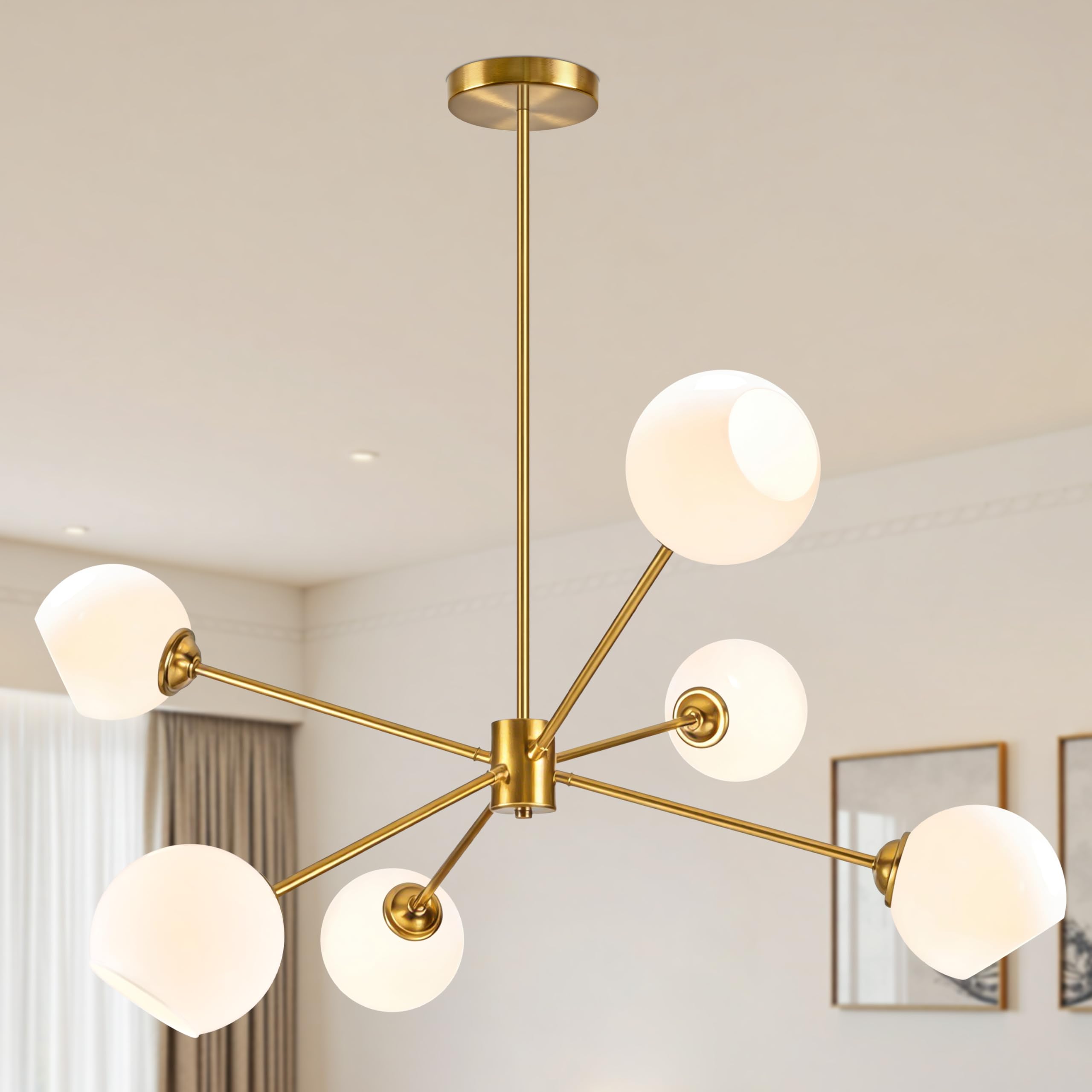KoKo&Yukina 6-Light Sputnik Chandelier Gold Sputnik Chandeliers Modern Mid Century Globe Pendant Light Gold Finished with Milky 
