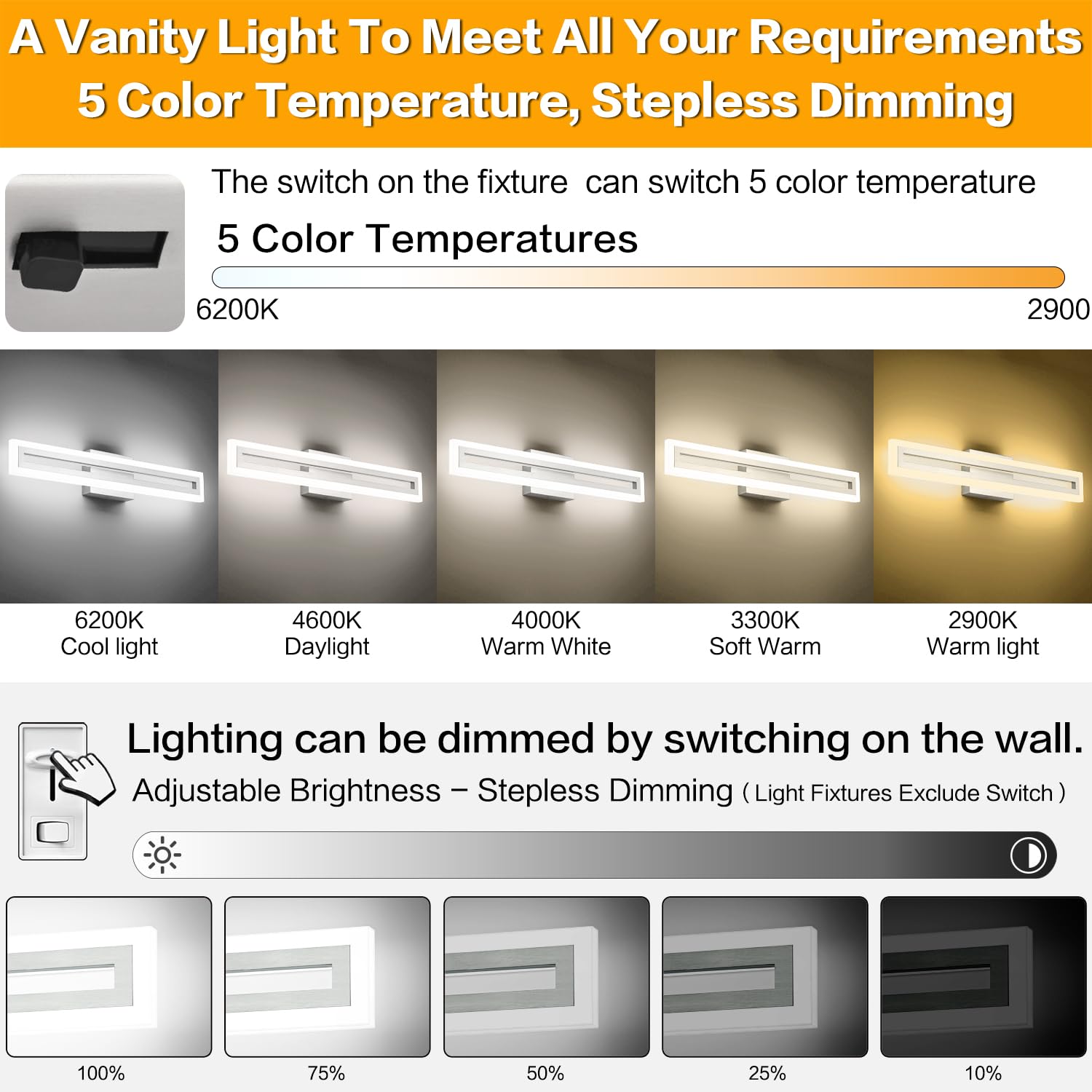 SOLFART Brushed Nickel Vanity Light 5CCT Dimmable 24 Inch LED Aluminum 5 Color Adjustable