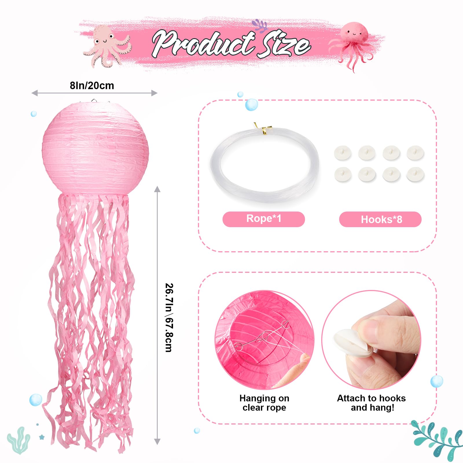 8Pack Pink Jellyfish Party Decorations,Jellyfish Lantern Hanging Decor With Ocean Theme Stickers,Hooks And String,Mermaid Birthday Decorations For Birthday Party,Under The Sea Decorations
