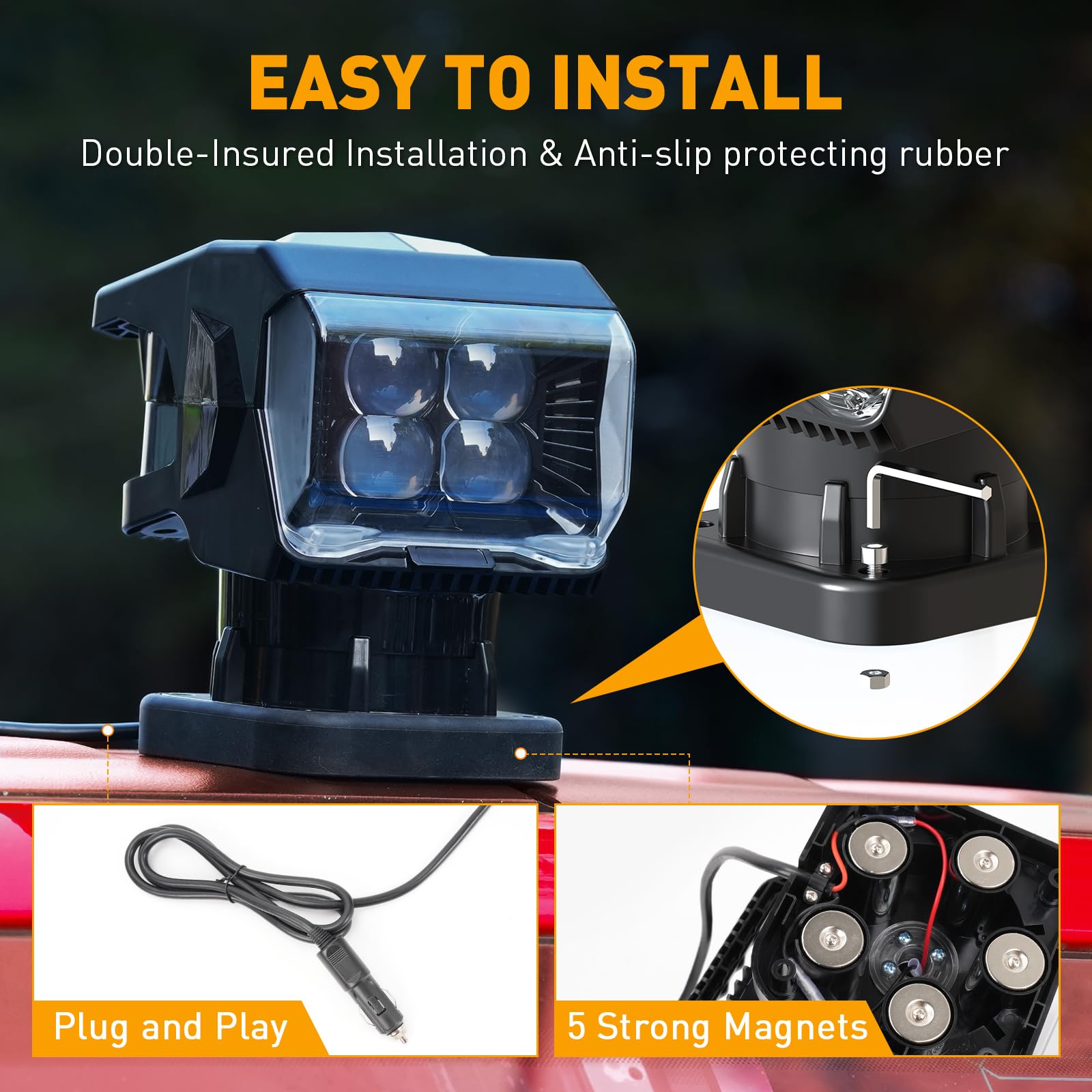 BORDAN 50W Remote Control LED Spotlight, 360° Rotating Searchlight for Trucks, 12V/24V, Black, Model CR069, Strong Magnetic Base