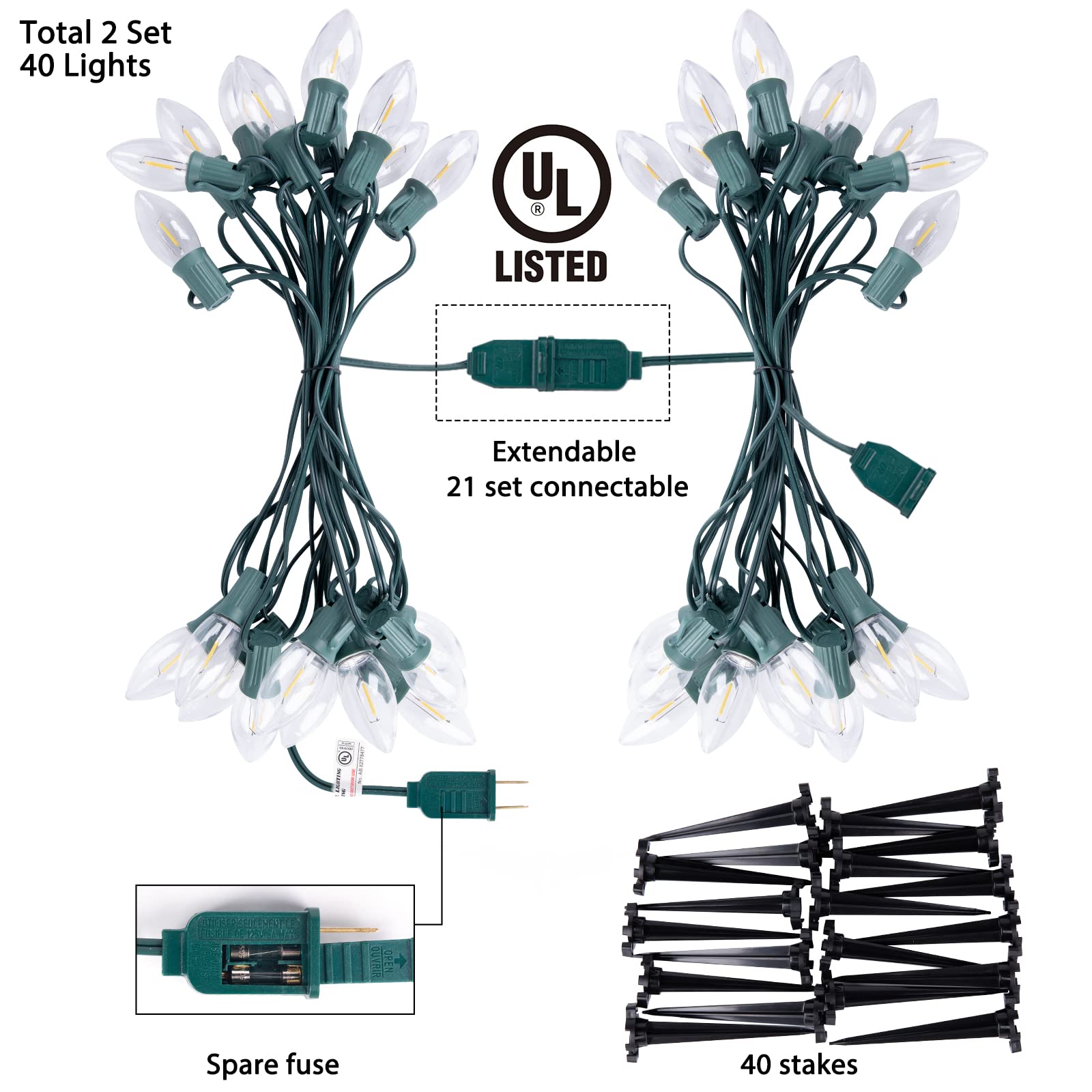 C9 Christmas Lights, 51.4Ft Christmas Pathway Lights Outdoor With 40 Led Bulbs And Stakes, Connectable Waterproof String Lights