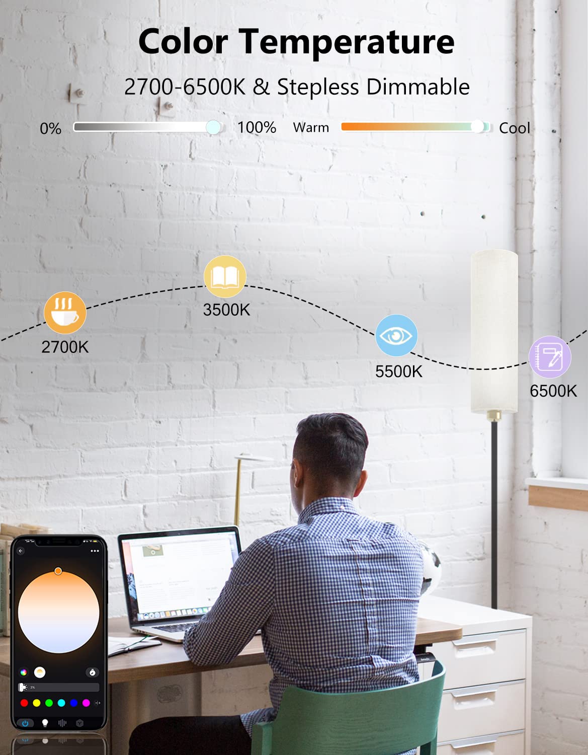 Smart Floor Lamp Works With Alexa & Google Home, Color Changing Stepless Dimmable For Living Room, Modern Standing Wifi Lamps Wi