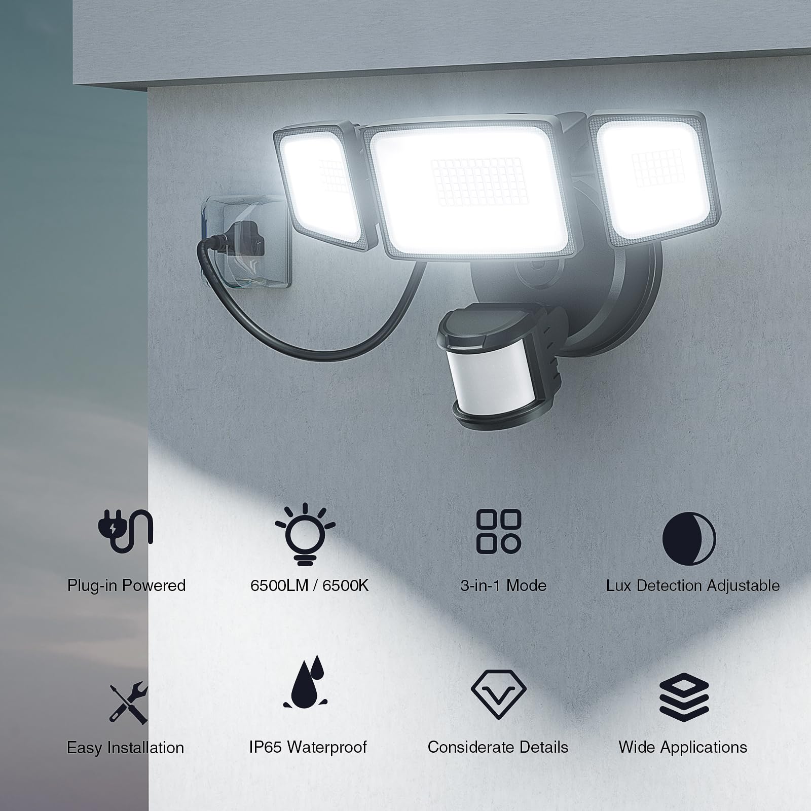 Onforu 65W LED Motion Sensor Outdoor Light, 6500LM Dusk to Dawn Security Fixture, Black, IP65 Waterproof, Model BDB65G-3