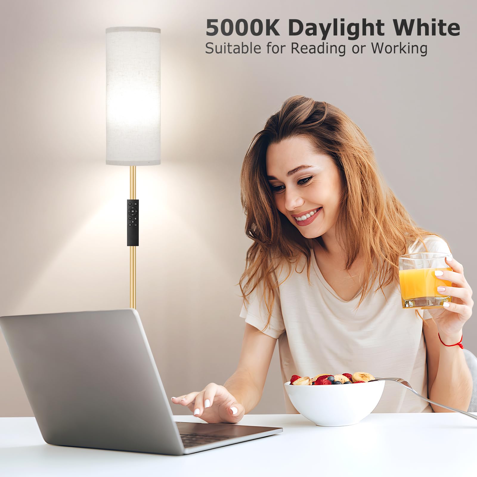 Ambimall 64'' Floor Lamps For Living Room With Remote Control And Stepless Dimmable Colors Temperature & Brightness, 9W Bulb Included(Beige Lampshade & Gold Pole)